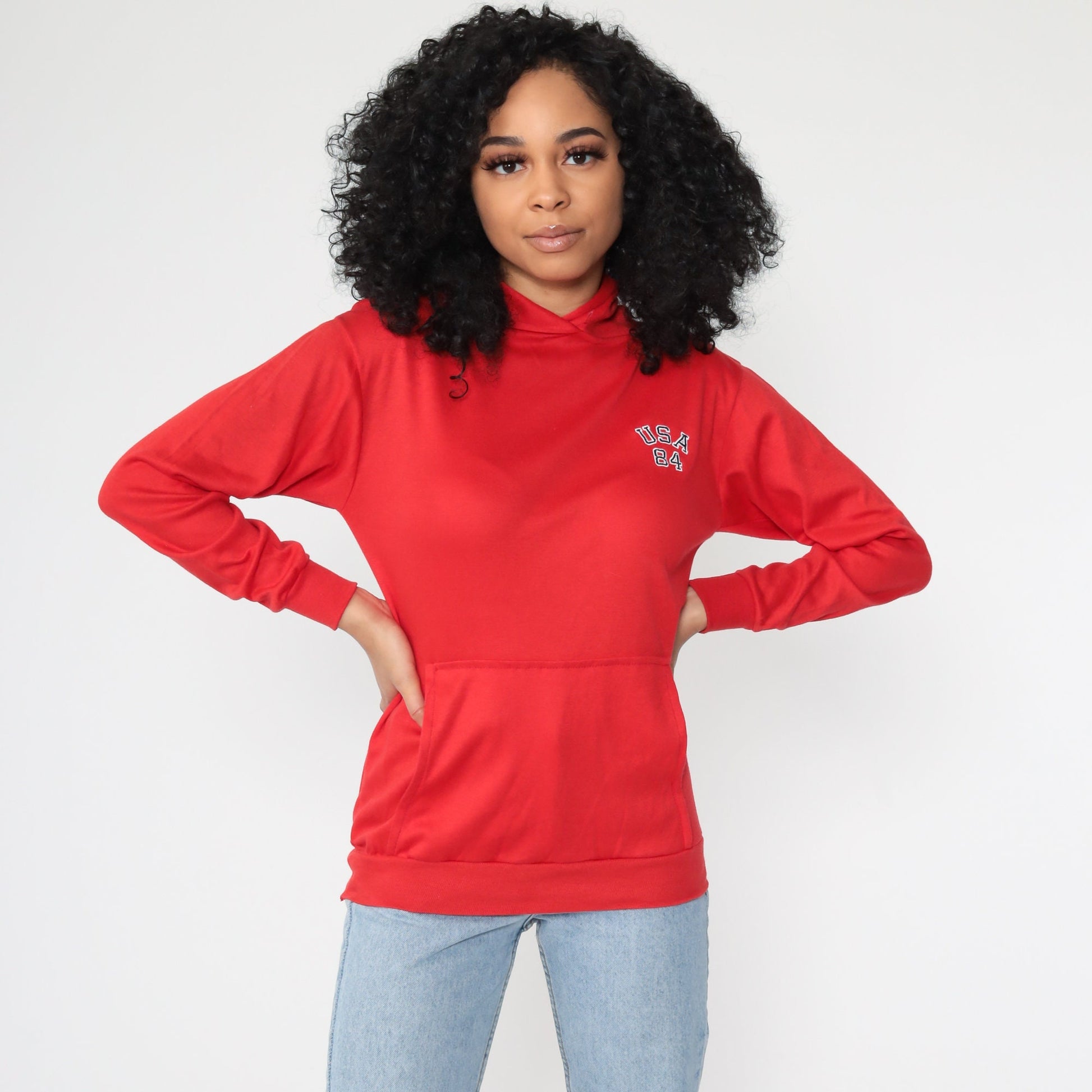 1984 USA Olympics Hooded T-Shirt Kangaroo Pocket Red Small