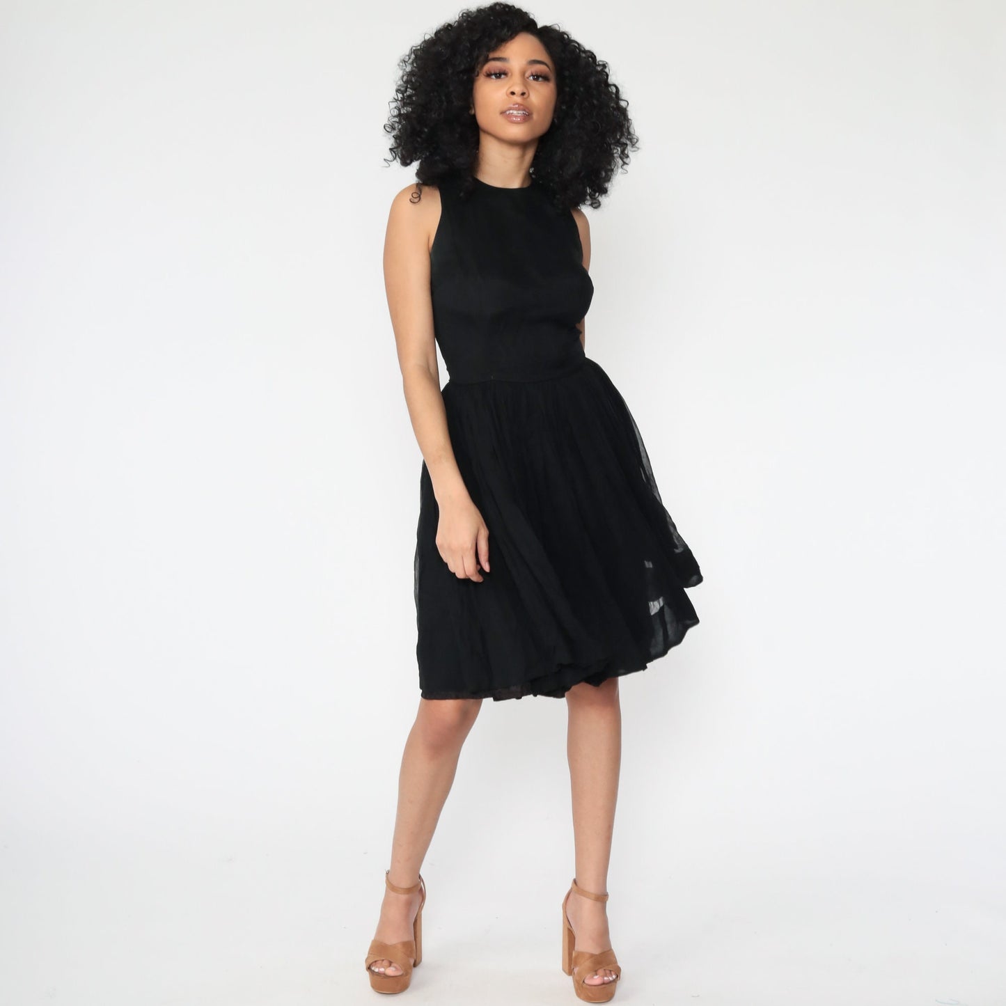 60s Jonathan Logan Black Chiffon Midi Dress High Waist Extra Small