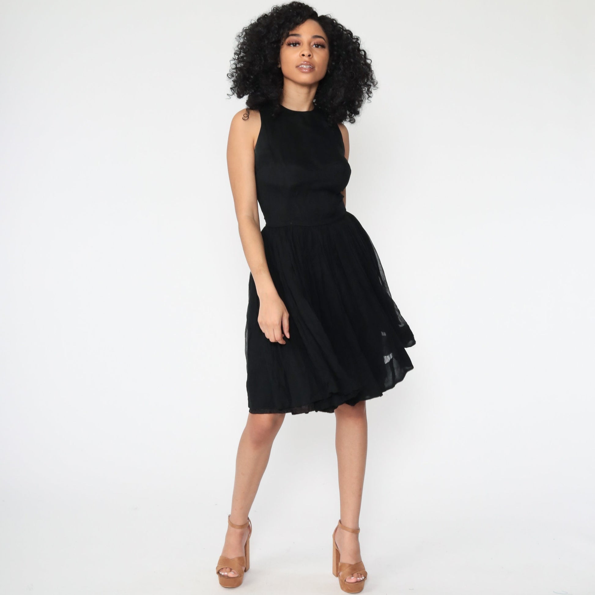 60s Jonathan Logan Black Chiffon Midi Dress High Waist Extra Small
