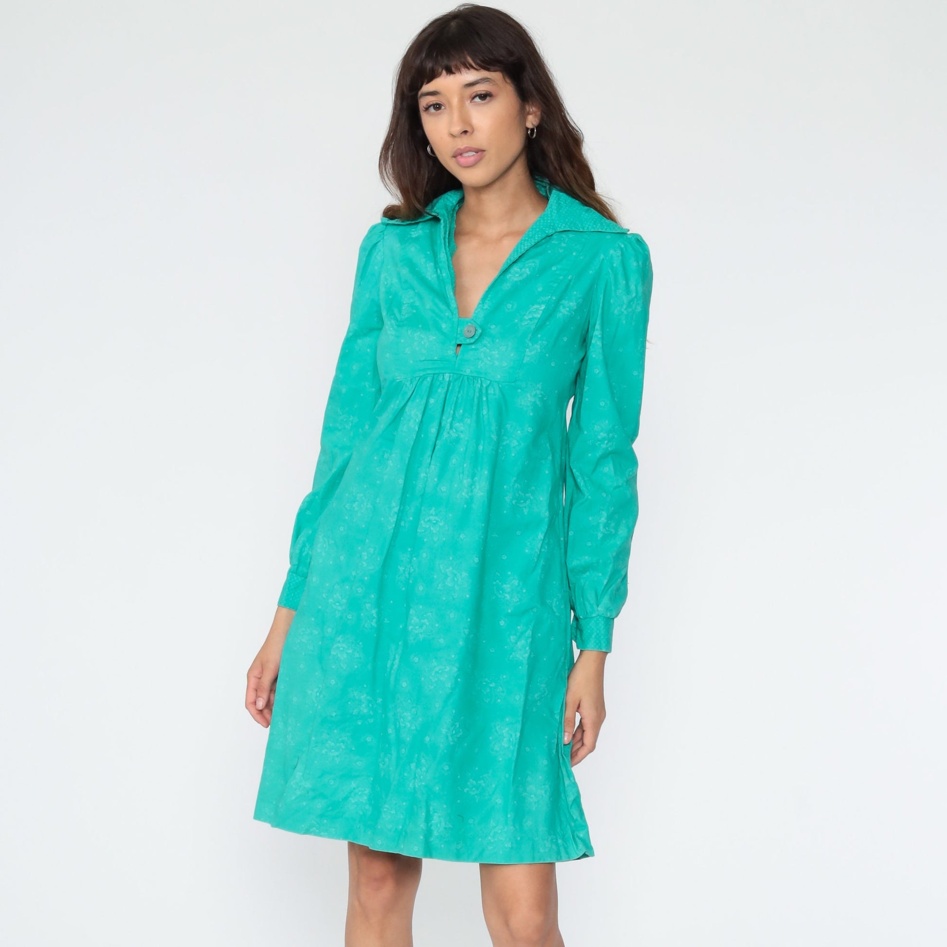 60s Green Floral Babydoll Dress Puff Sleeve Mini Empire Waist Small