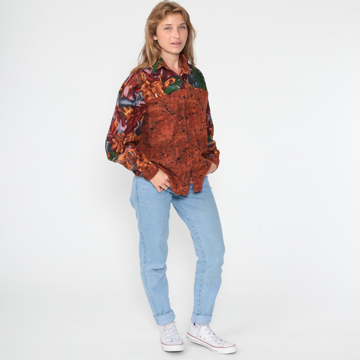 90s Elephant Safari Jungle Animal Print Button-Up Blouse Burnt Orange Medium