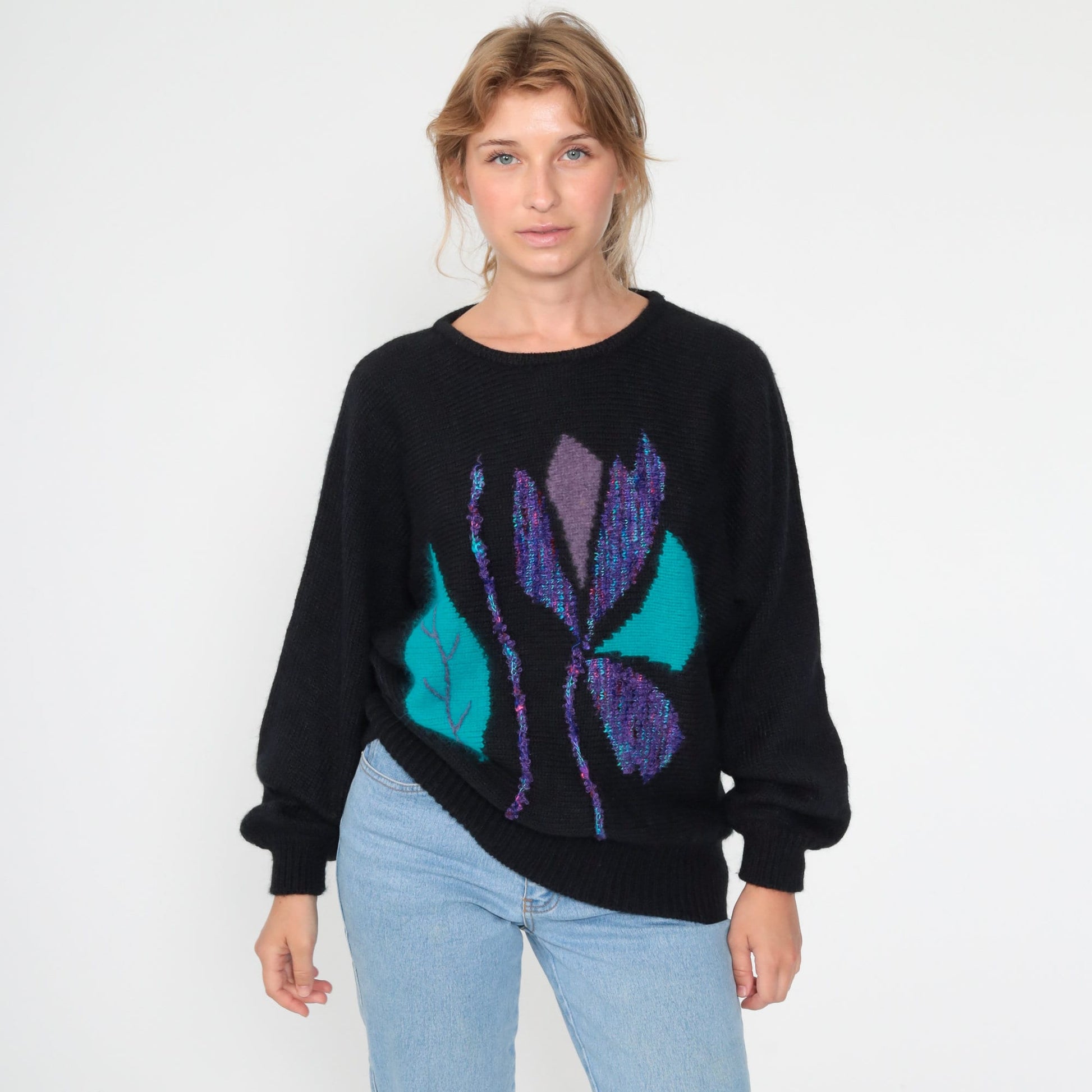 80s Black Angora Floral Sweater Dolman Sleeve Knit Pullover Large