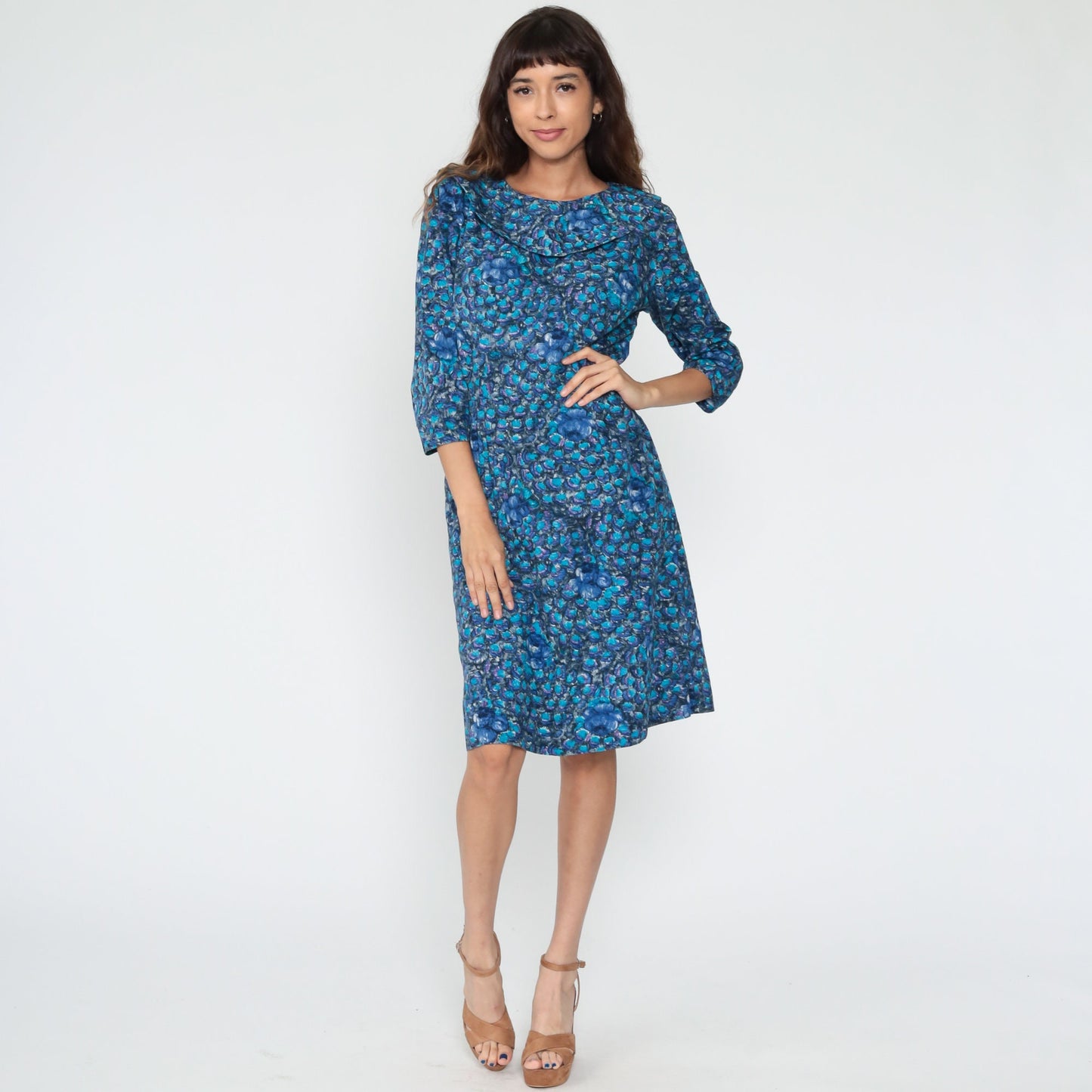 1960s Blue Floral Midi Dress 3/4 Sleeve High Waist Sheath Medium 8