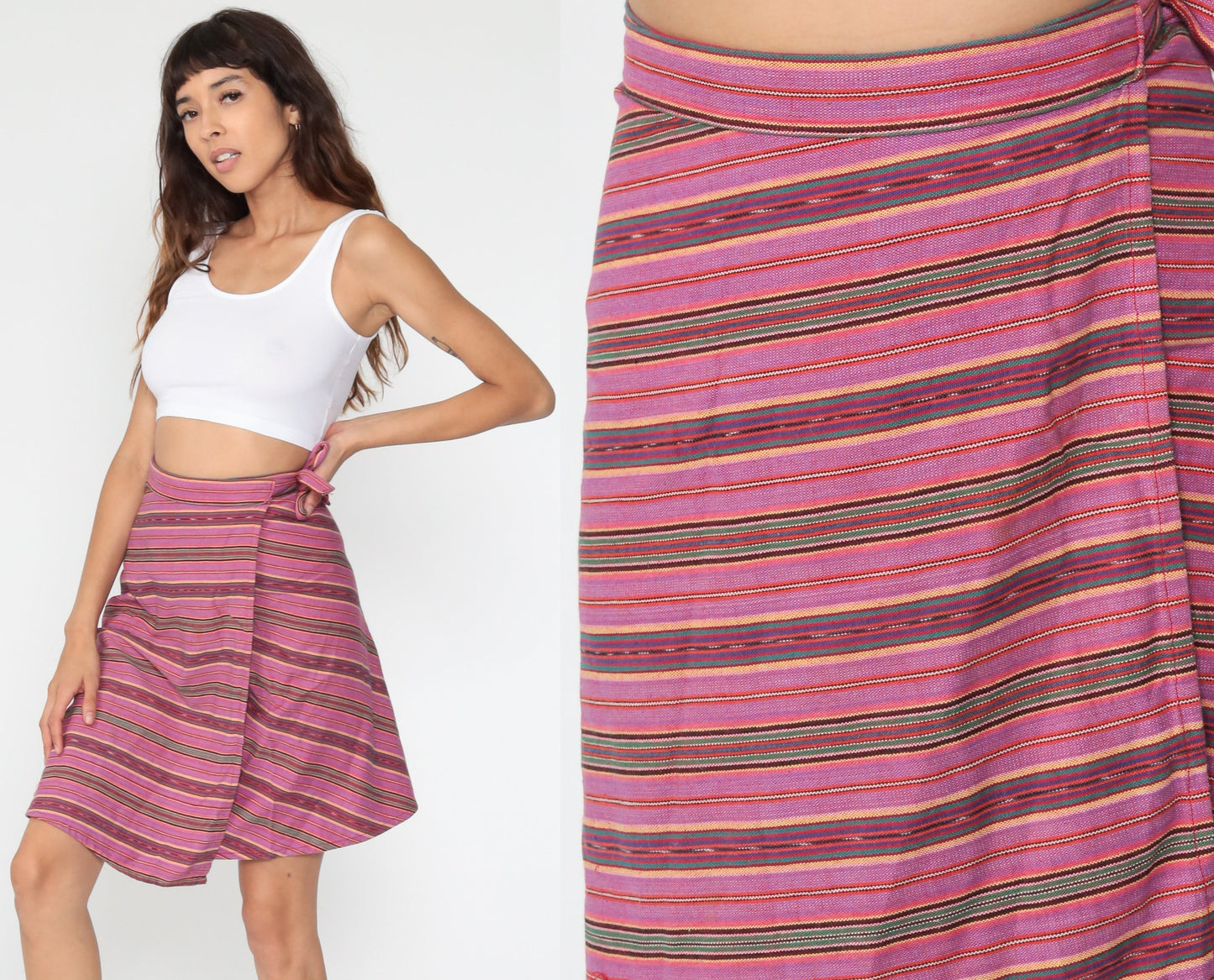 90s Purple Striped Wrap Mini Skirt Cotton Small Medium