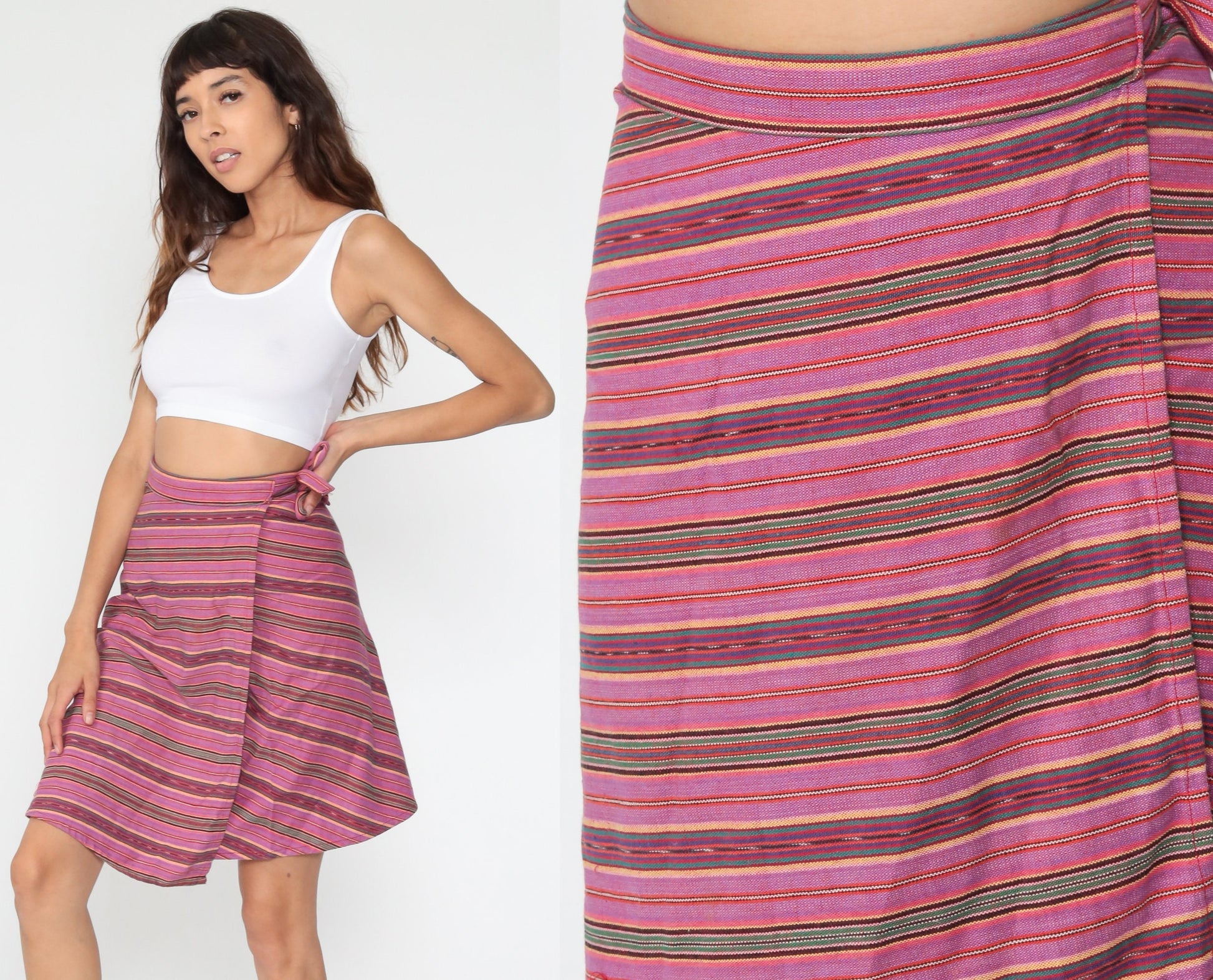 90s Purple Striped Wrap Mini Skirt Cotton Small Medium