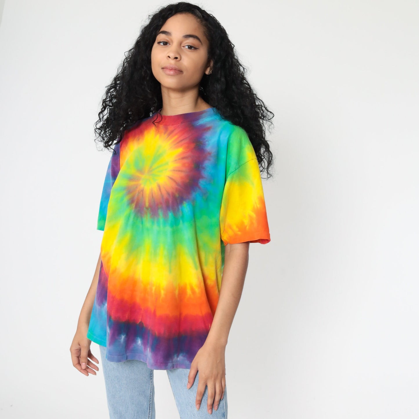 90s Tie Dye T-Shirt Yellow Green Blue Swirl Print Graphic Tee Large