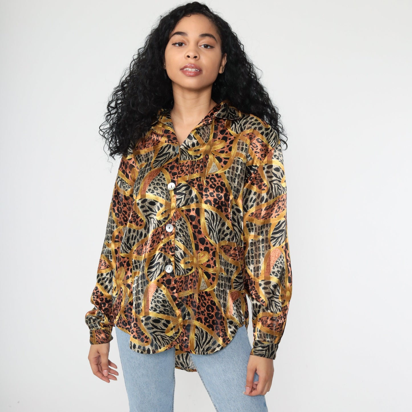 Leopard Print Blouse Gold Stripes Long Sleeve Button Up Medium