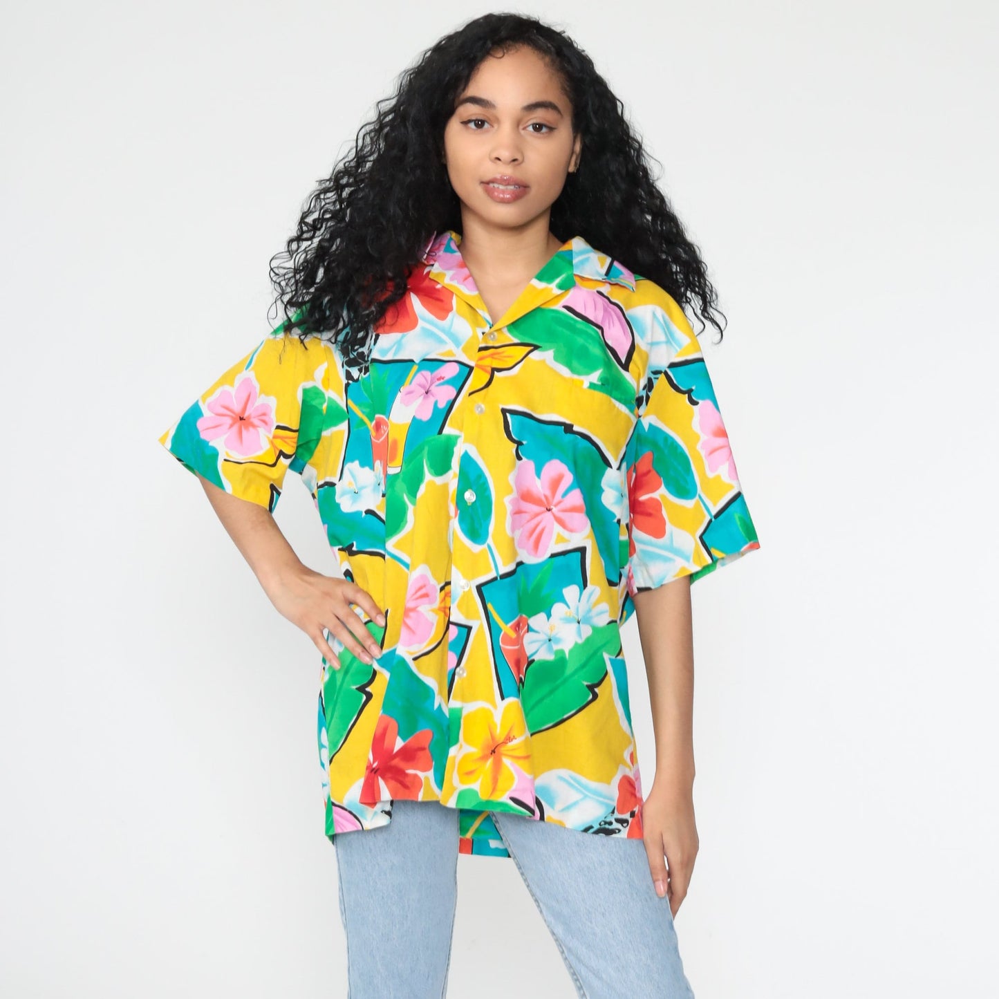 80s Hilo Hattie Hawaiian Shirt Tropical Floral Cocktail Print Button Up Extra Large