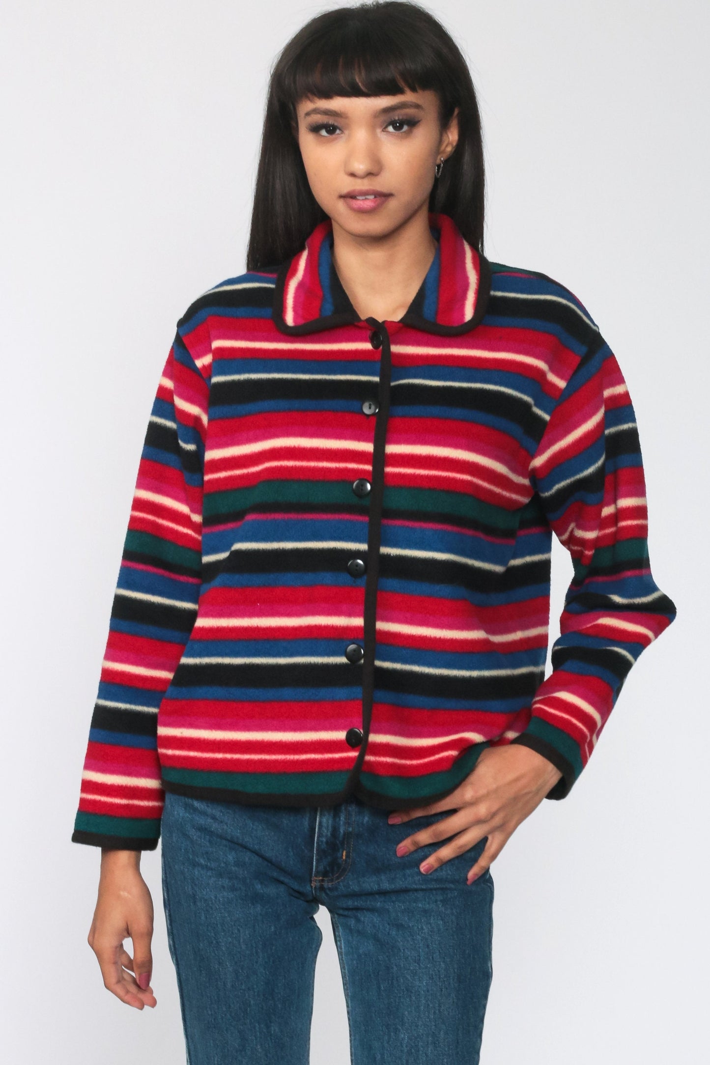 90s Striped Fleece Button-Up Jacket Red Blue Cropped Medium M