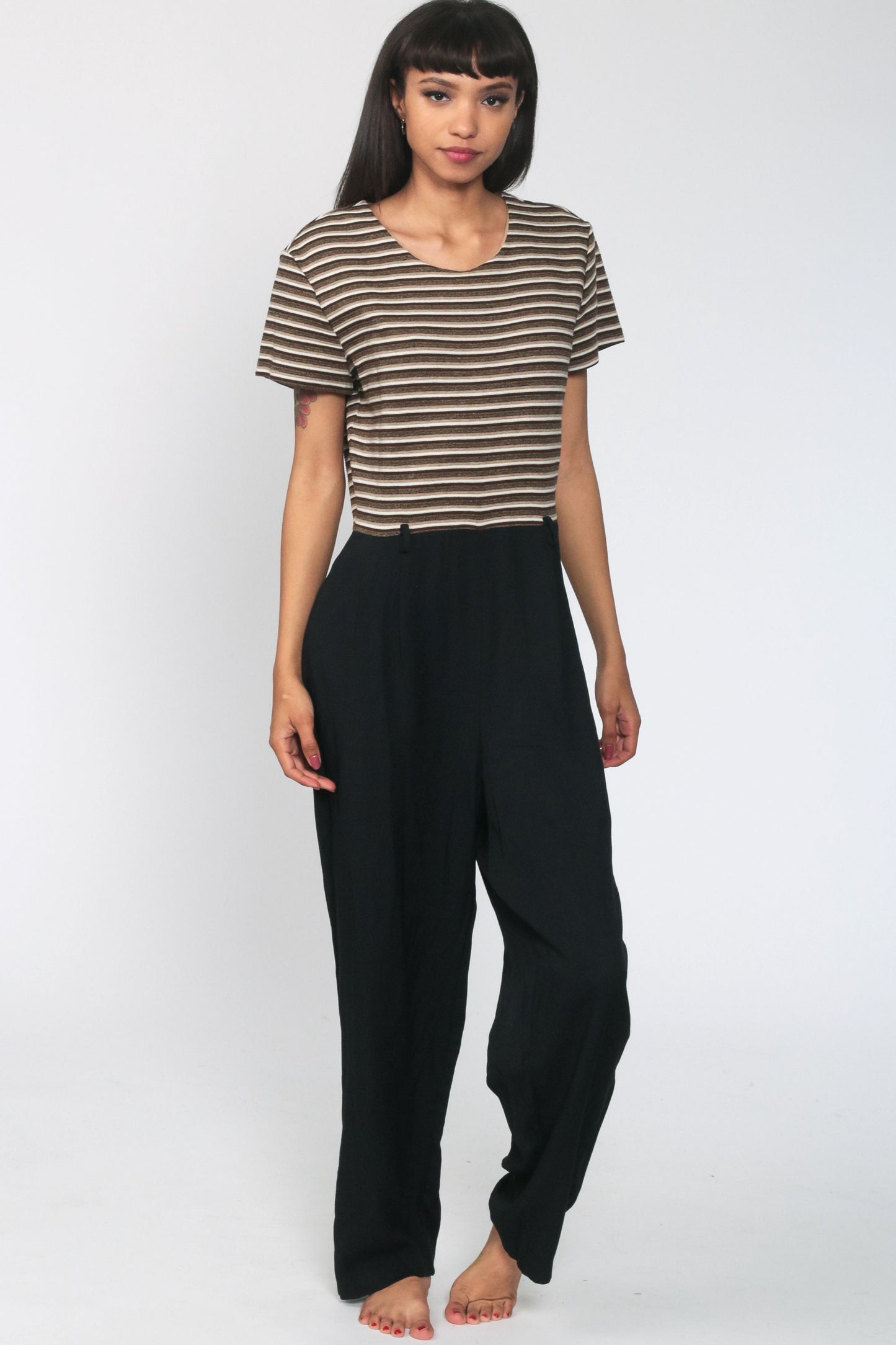 80s Striped Jumpsuit Black Tapered Legs Short Sleeve Medium Large
