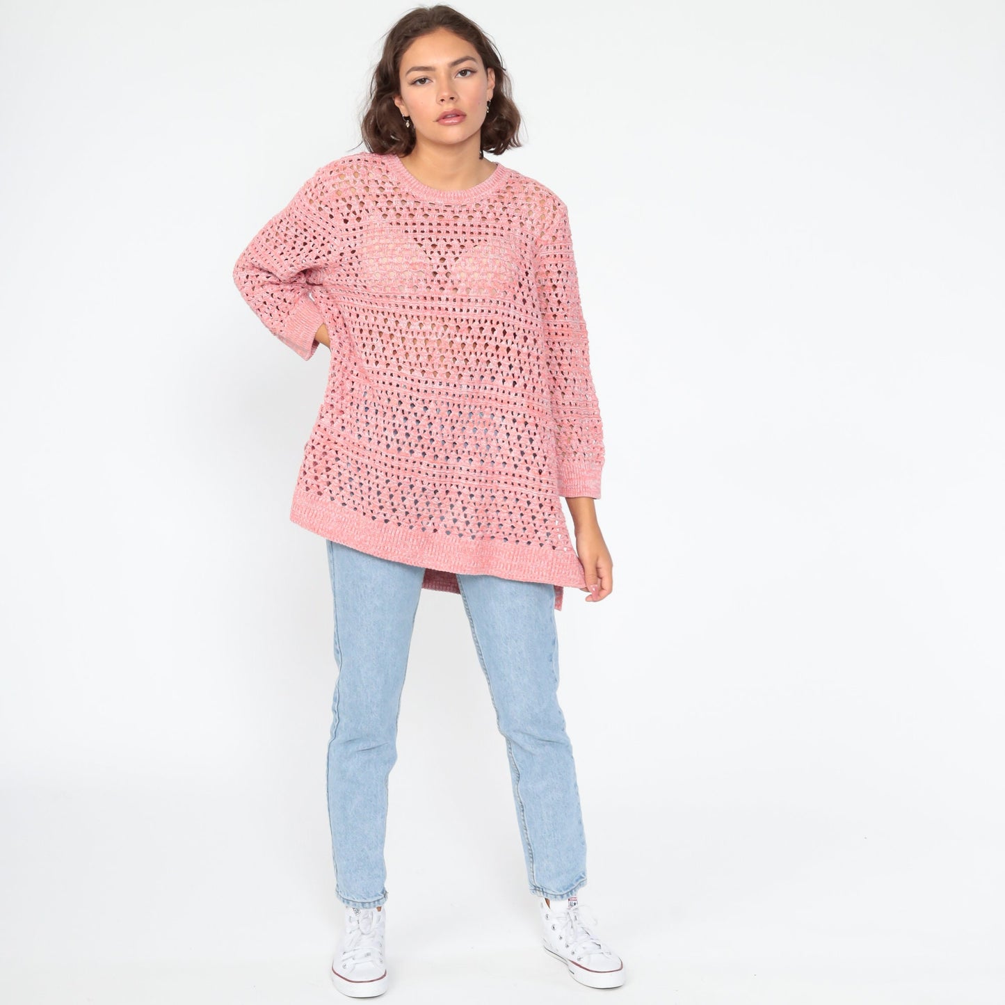 90s Pink Cotton Cutout Sweater Slouchy Pullover Extra Large XXL