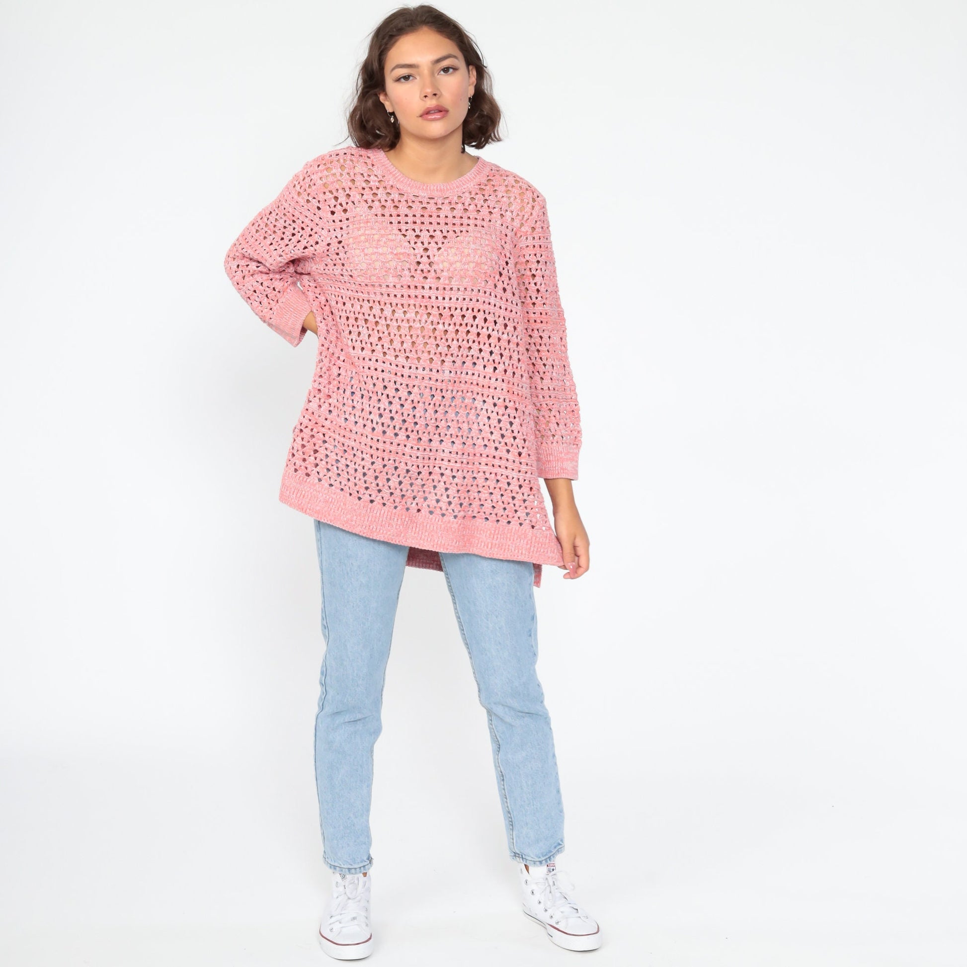 90s Pink Cotton Cutout Sweater Slouchy Pullover Extra Large XXL