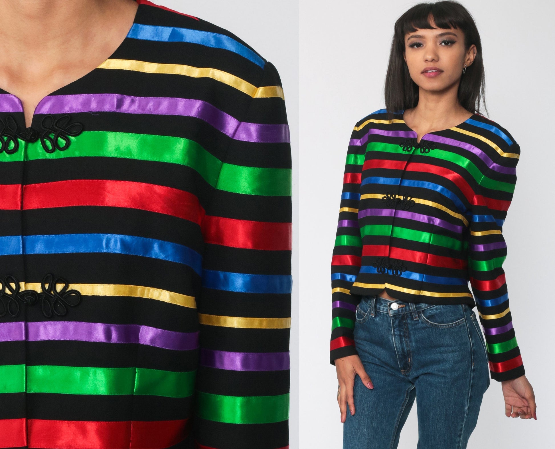 90s Rainbow Striped Jacket Frog Closure Button Up Cropped Medium M