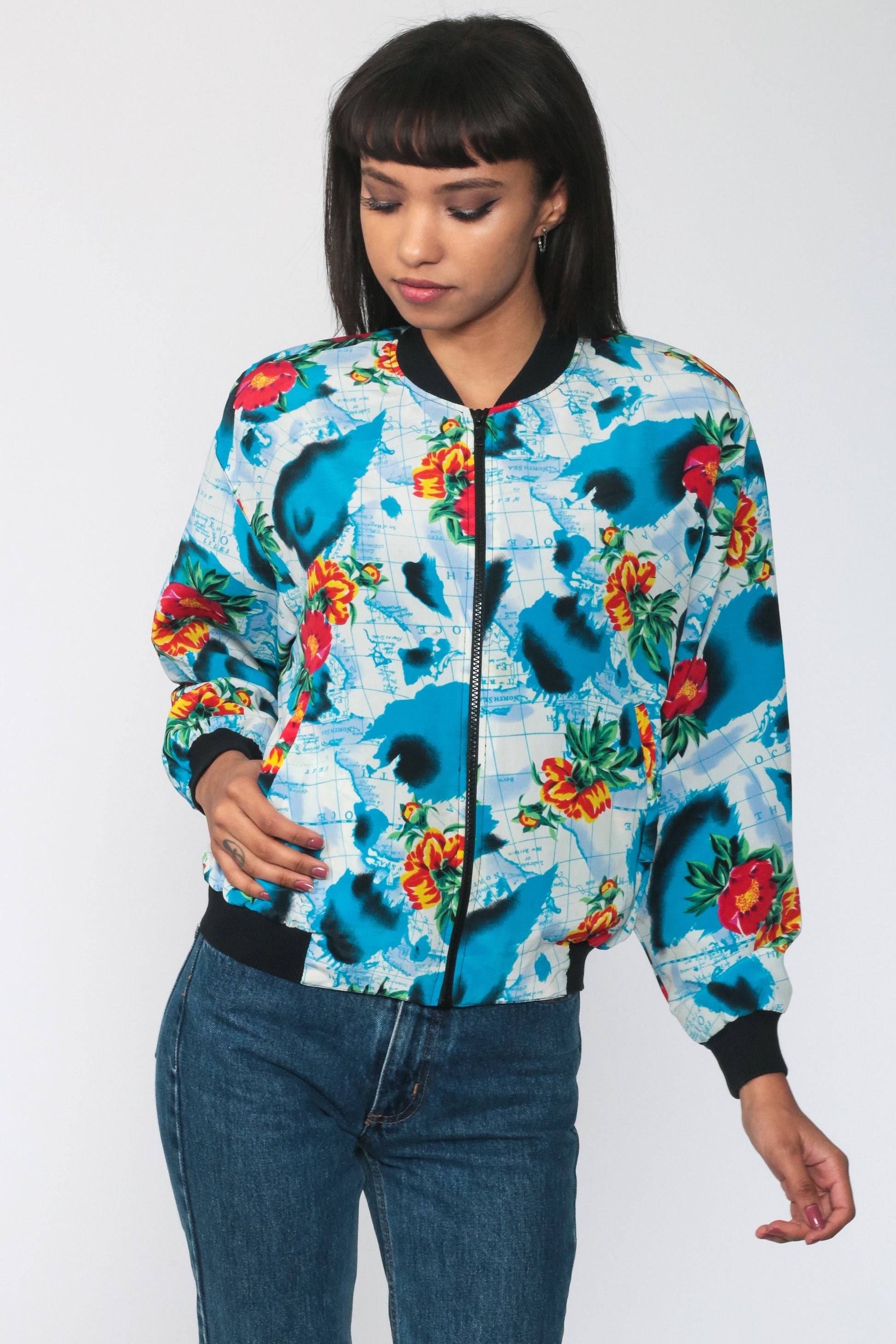 80s World Map Floral Windbreaker Jacket Blue Zip Bomber Small Medium