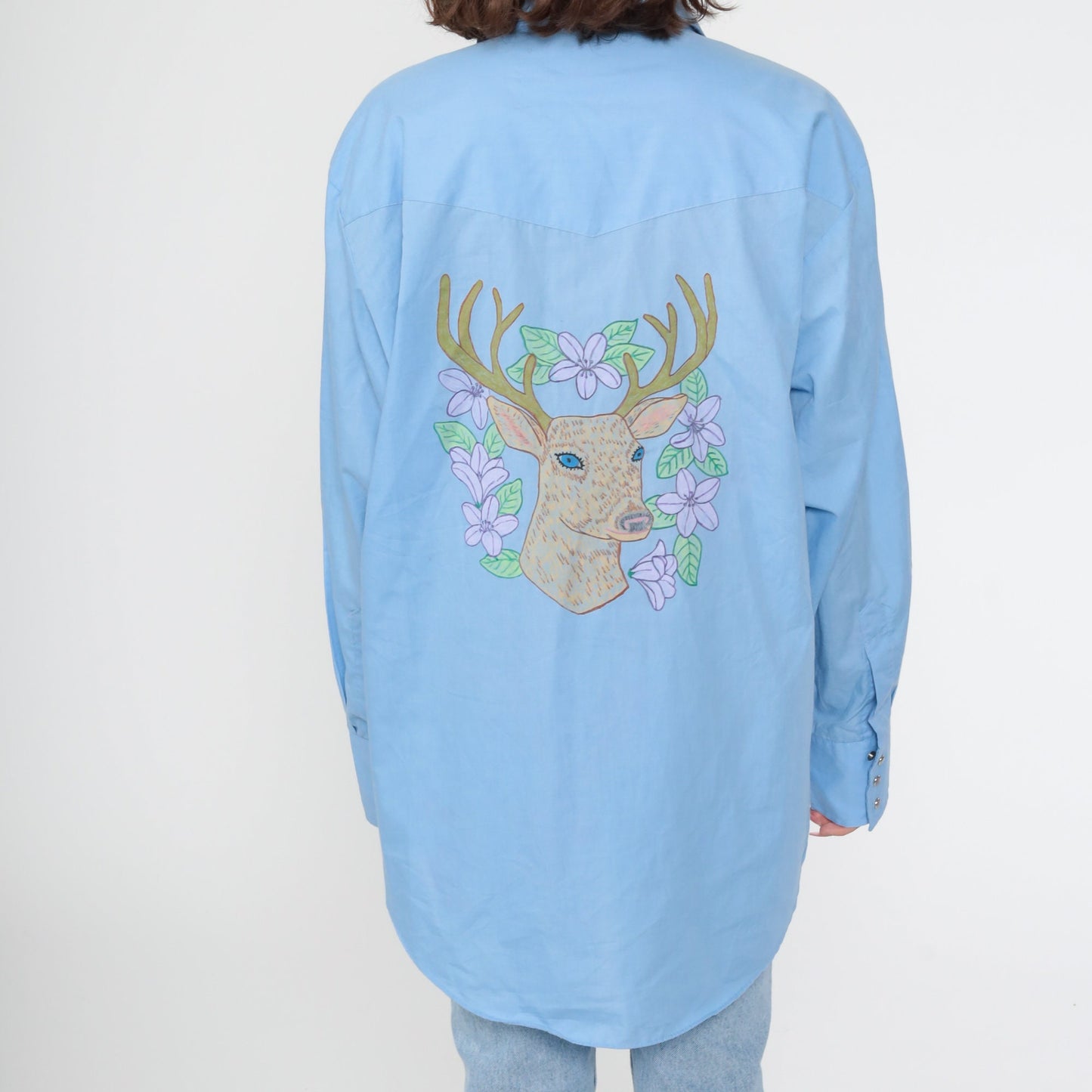 70s Western Pearl Snap Shirt Blue Deer Floral Hand Drawn Cotton Large