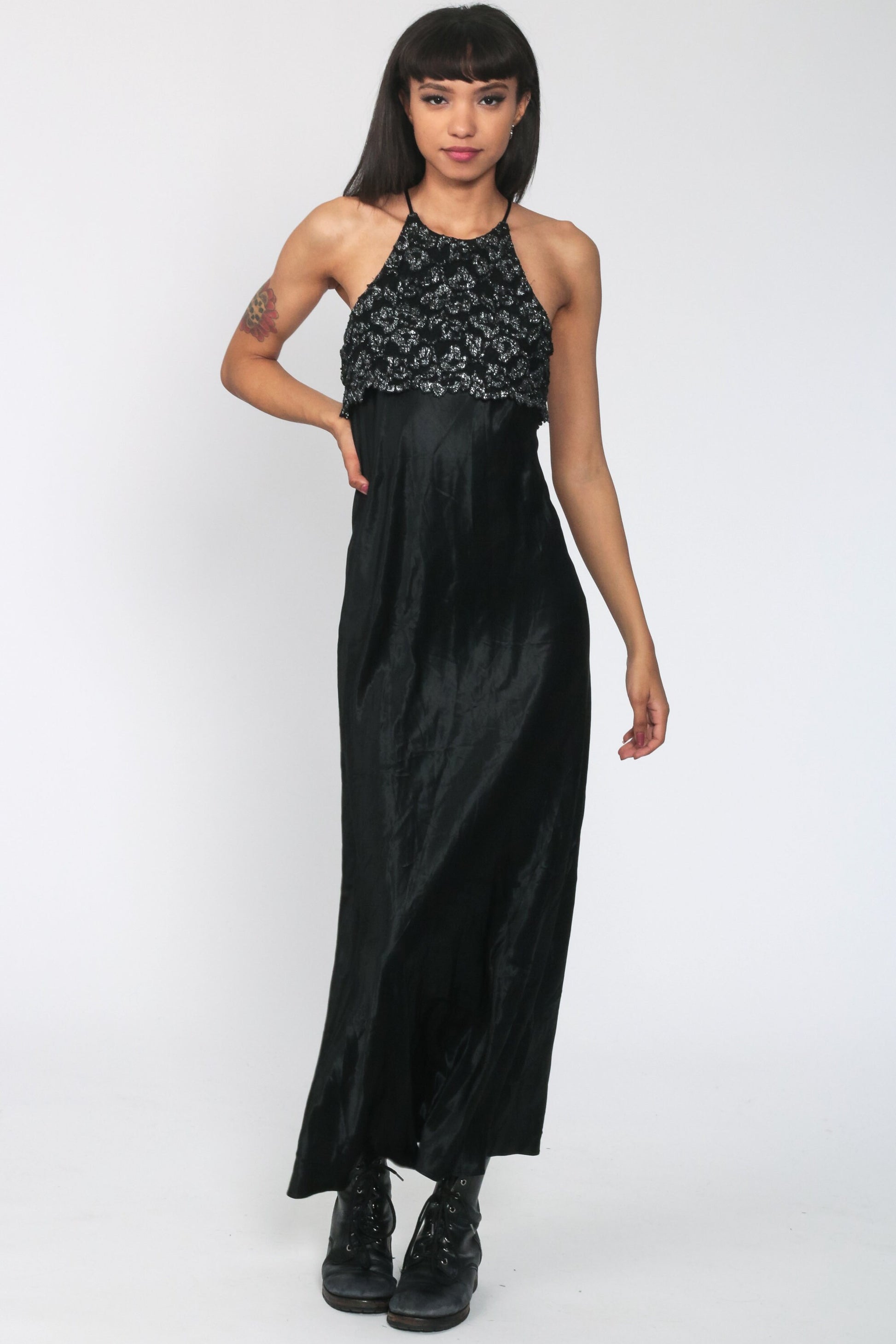 90s Black Metallic Lace Maxi Dress Spaghetti Strap Racerback Small