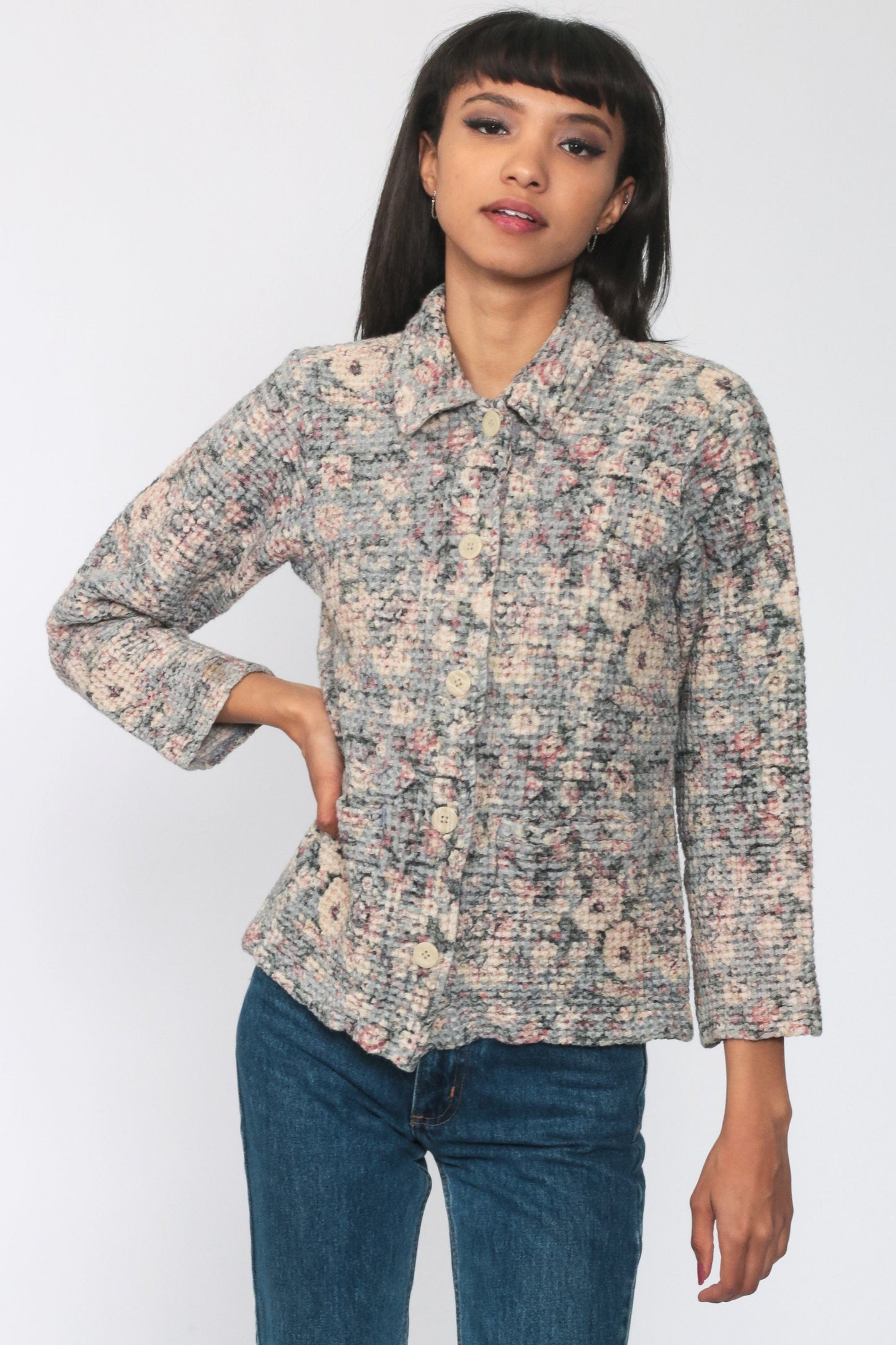 90s Waffle Knit Floral Button-Up Shirt Long Sleeve Cotton Blend Small
