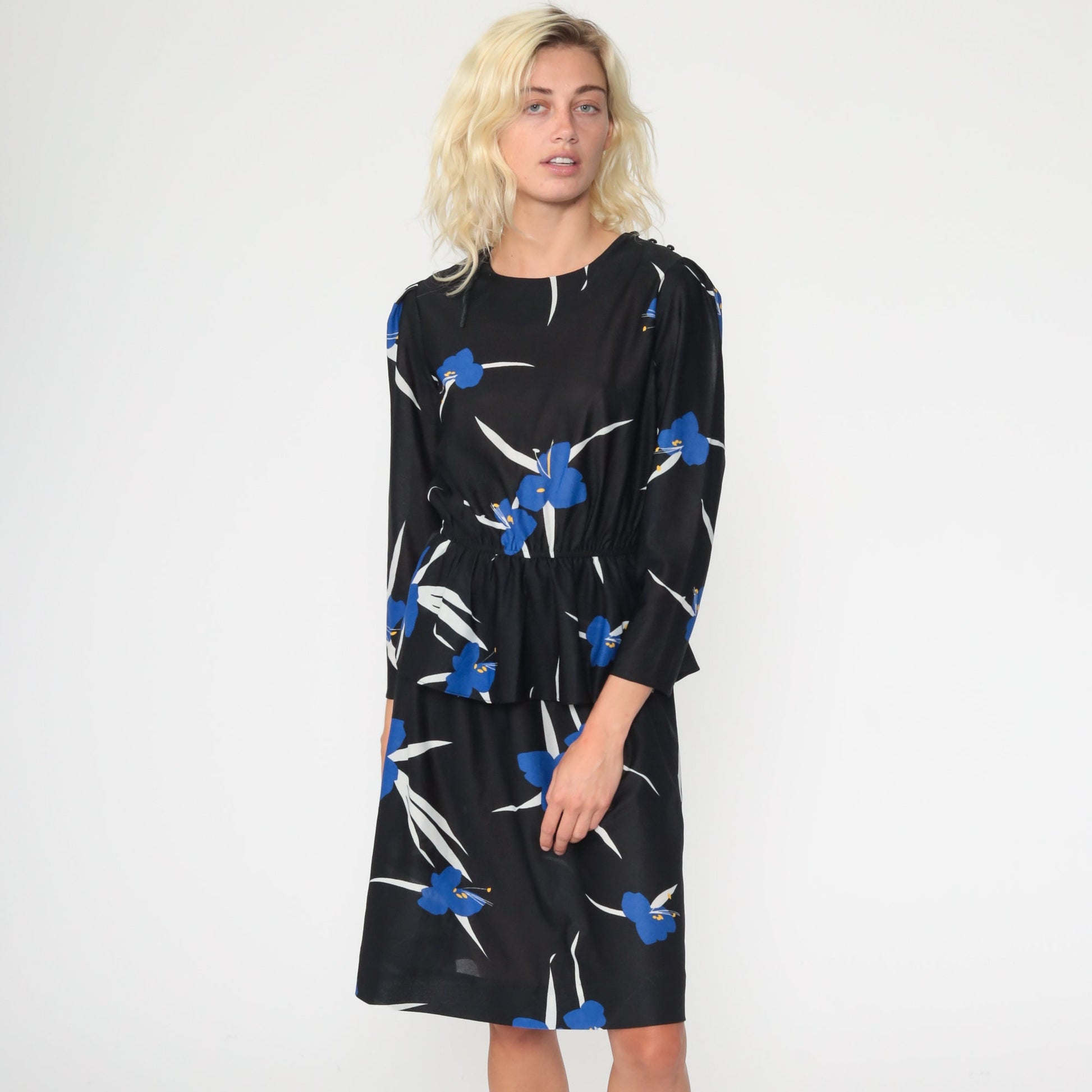 70s Black Floral Midi Dress High Waist Long Sleeve Semi-Sheer Small Medium