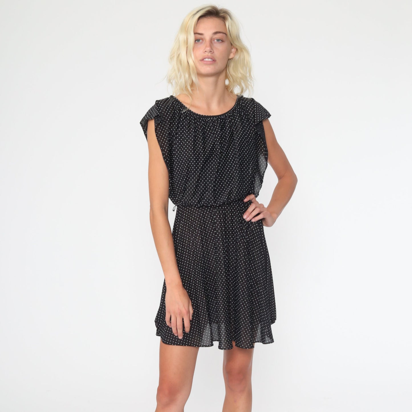 70s Black Polka Dot Mini Dress Flutter Sleeve High Waist Extra Small