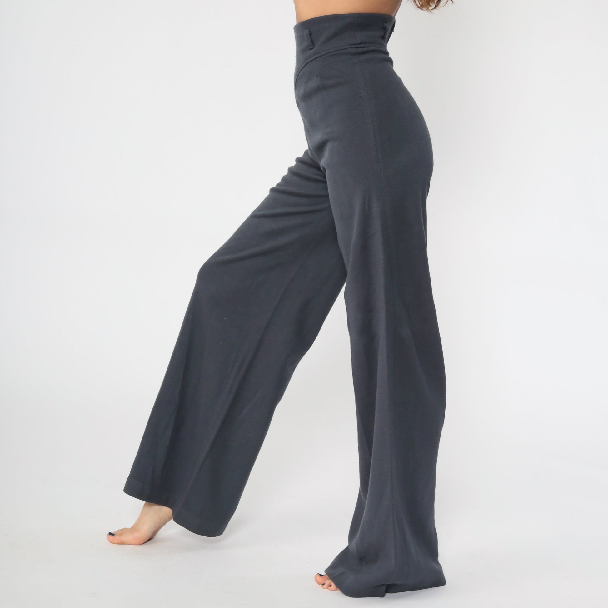 70s Grey Bell Bottom Pants High Waist Wide Leg Knit Trousers Extra Small XS