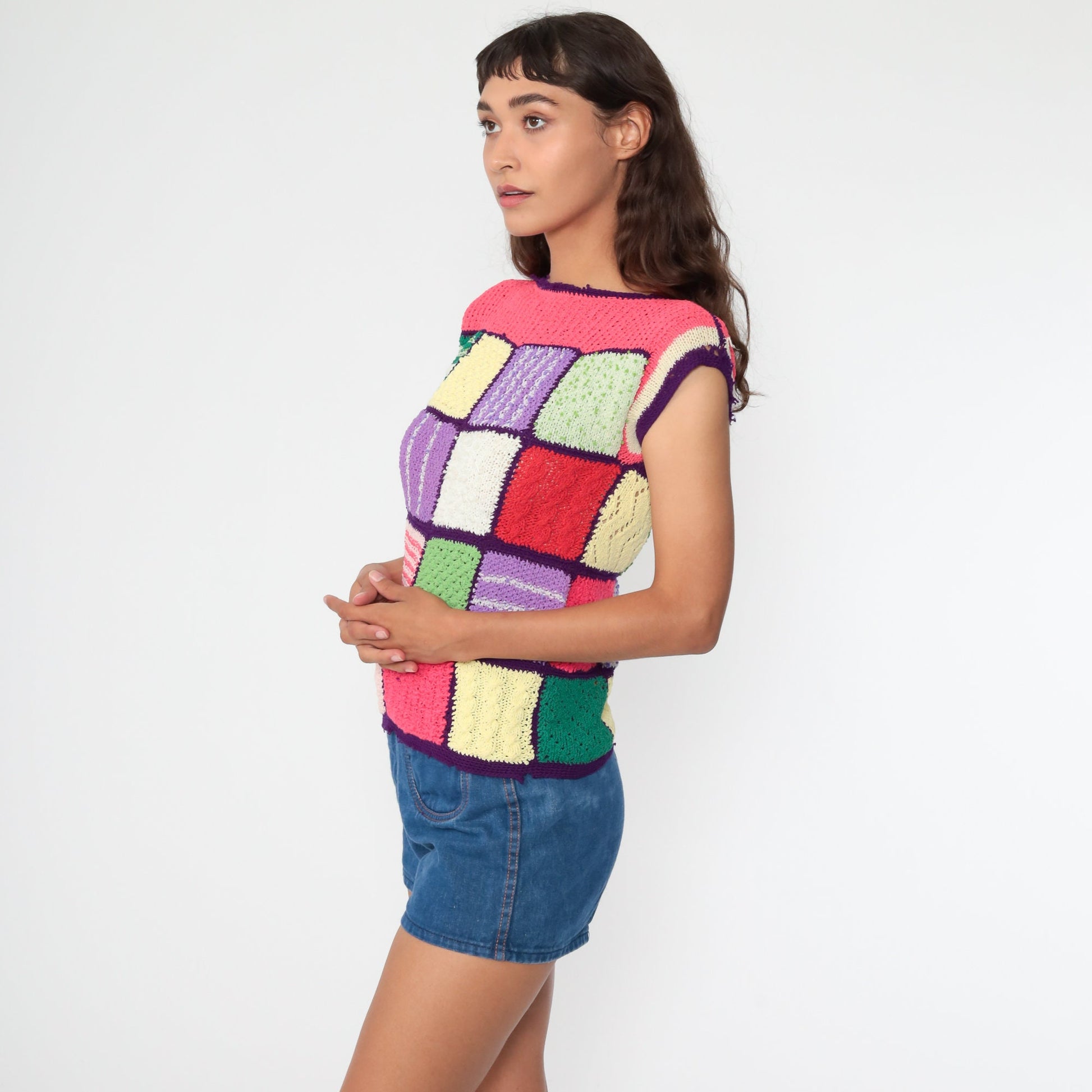 70s Patchwork Knit Top Rainbow Boatneck Short Sleeve Pink Purple Extra Small