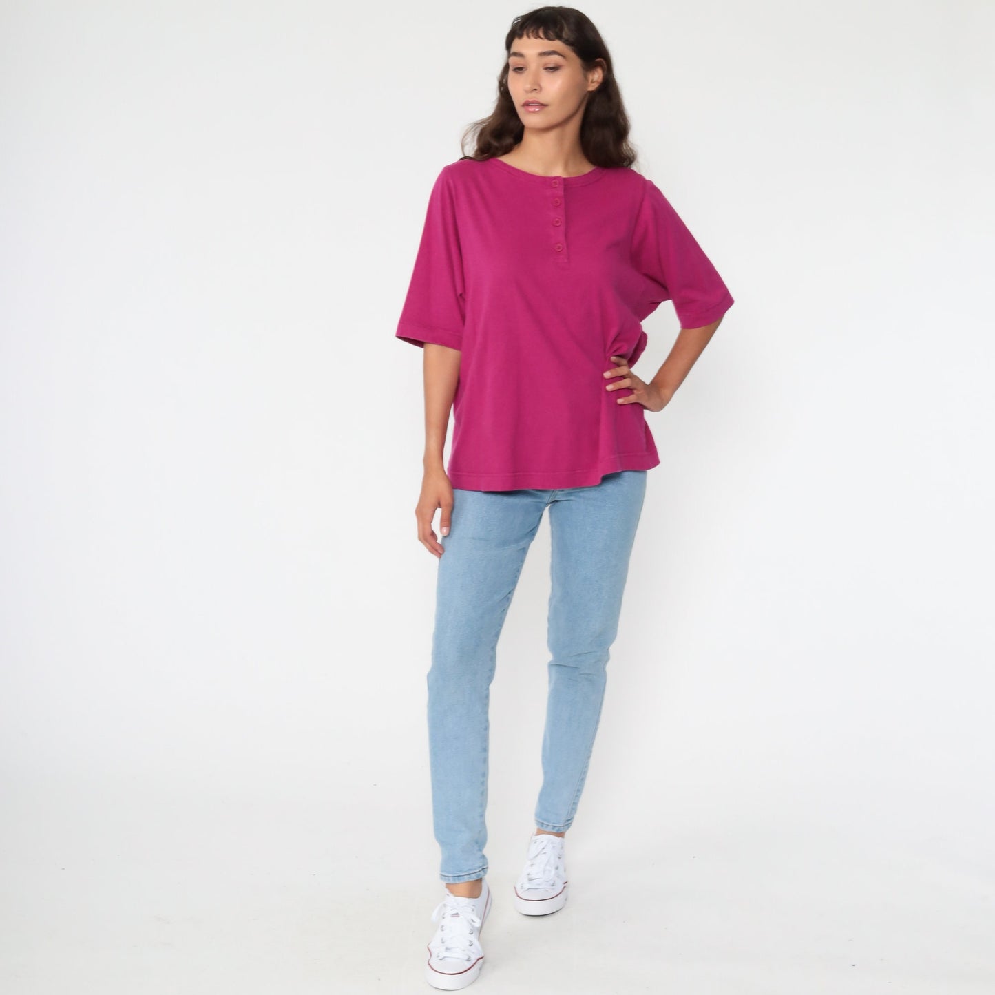 80s Deep Pink Half-Button Polo Shirt Cotton Blend Short Sleeve Large