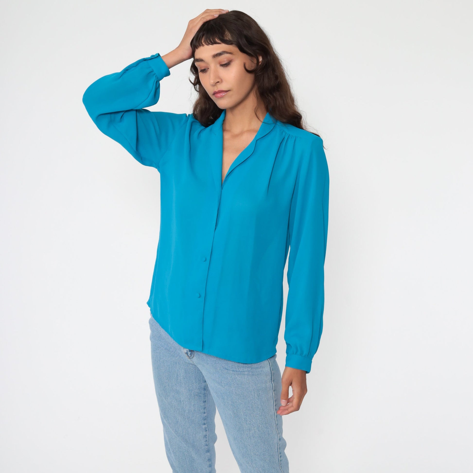 80s Blue Button-Up Blouse Collared Long Sleeve Shirt Medium