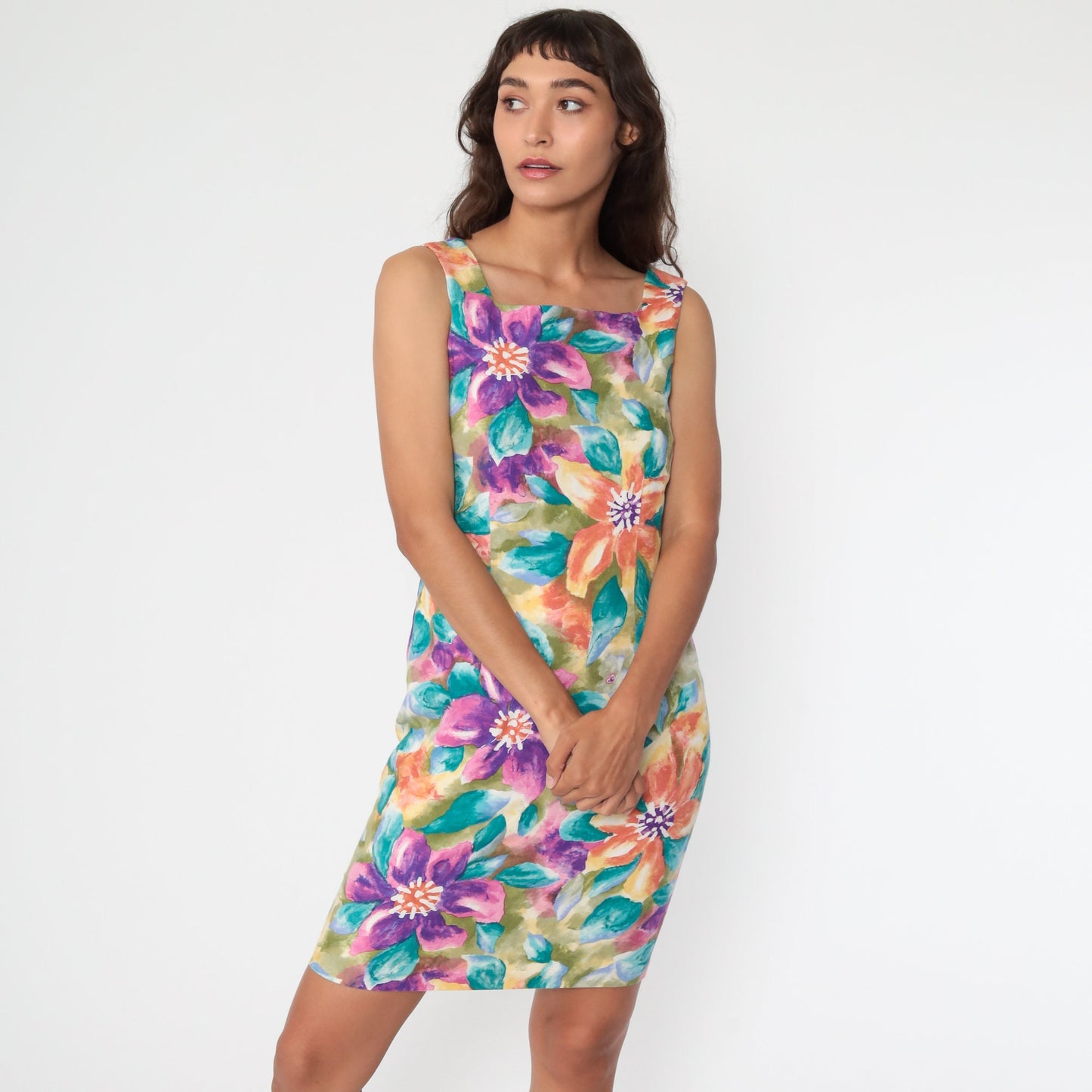 90s Tropical Floral Mini Dress Keyhole Back Sleeveless Sundress Small