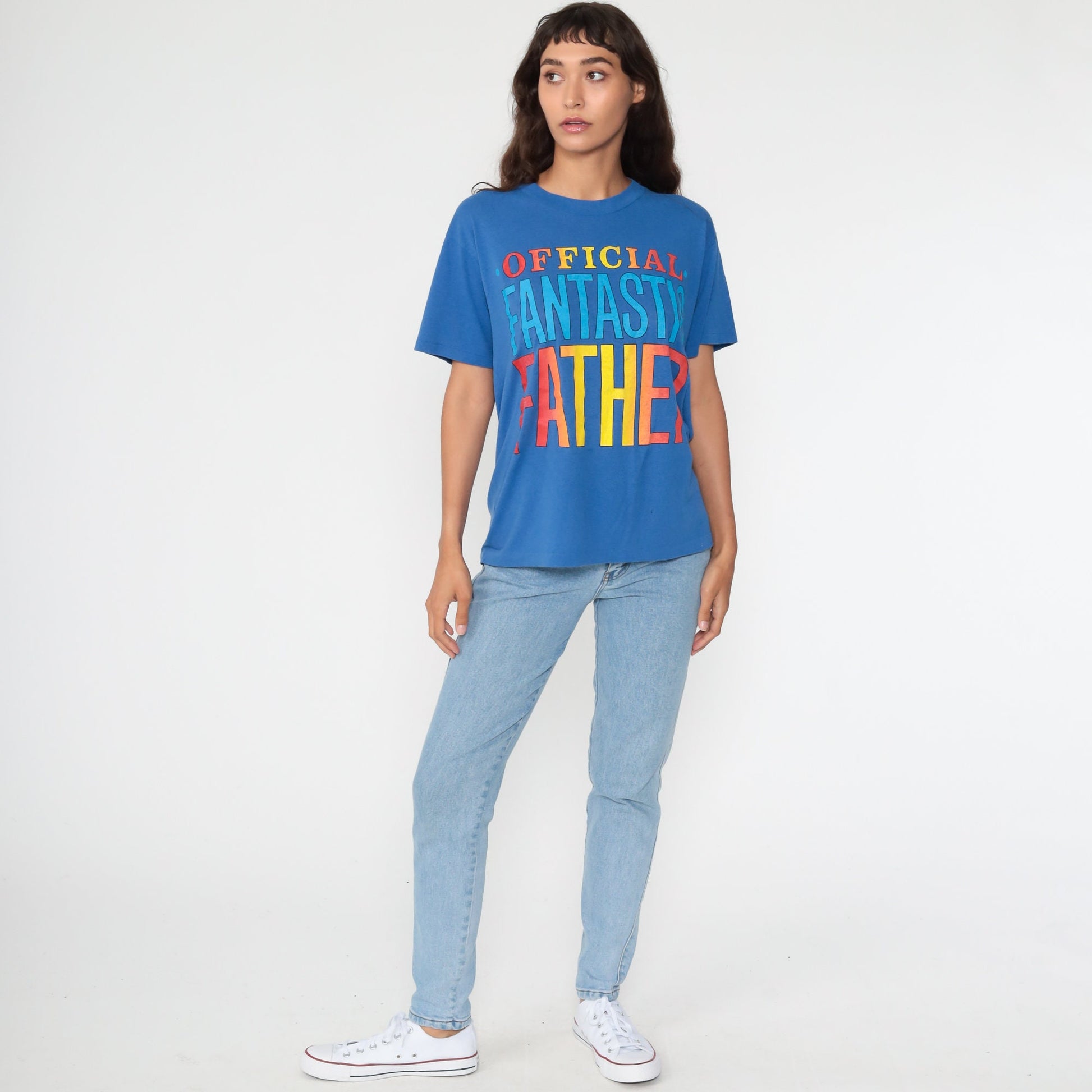 80s Official Fantastic Father Graphic T-Shirt Blue Single Stitch Small