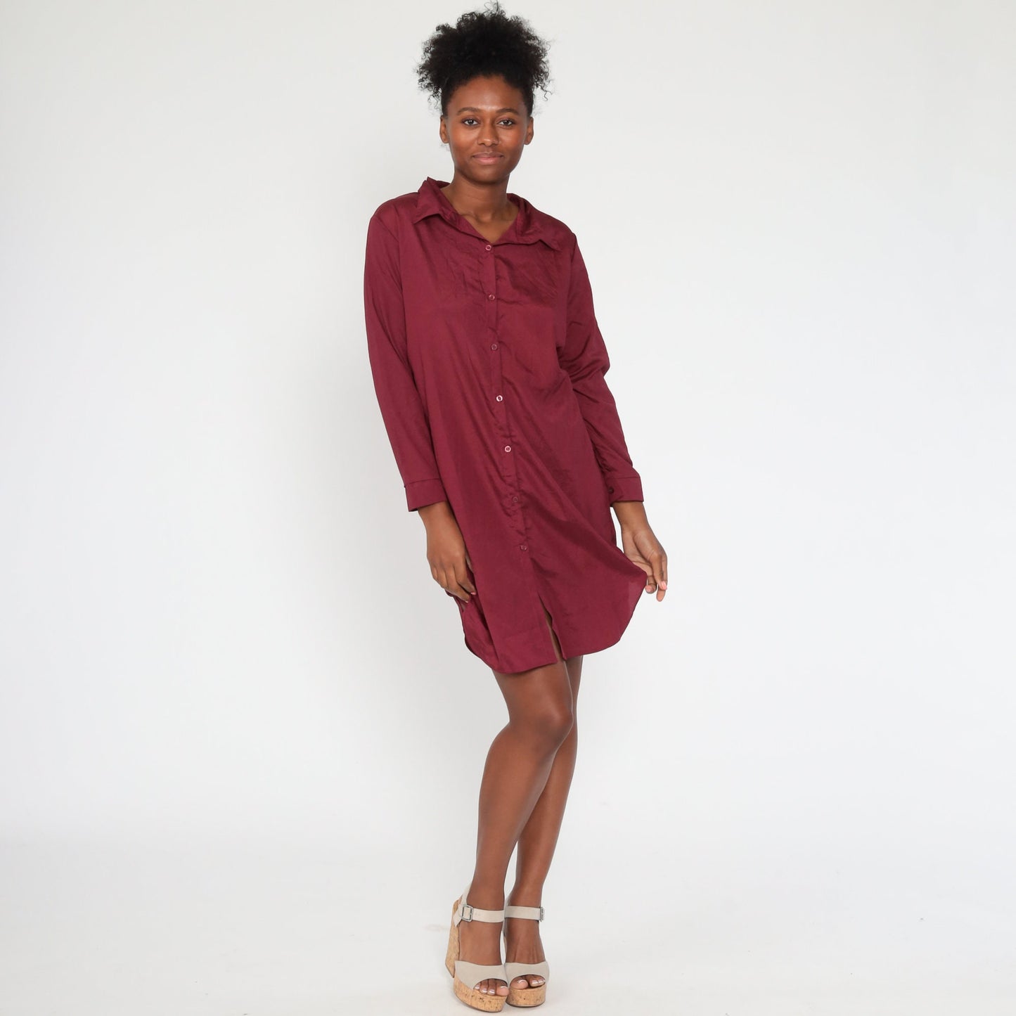 80s Burgundy Button-Up Shift Dress Long Sleeve Mini Medium