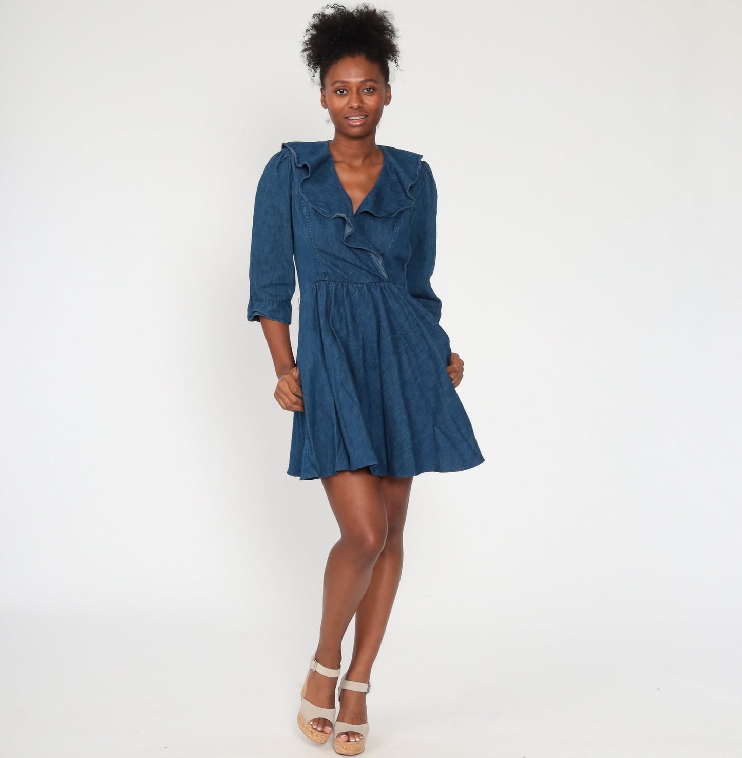 70s Denim Mini Dress Puff Sleeve V Neck High Waisted Blue Chambray Extra Small