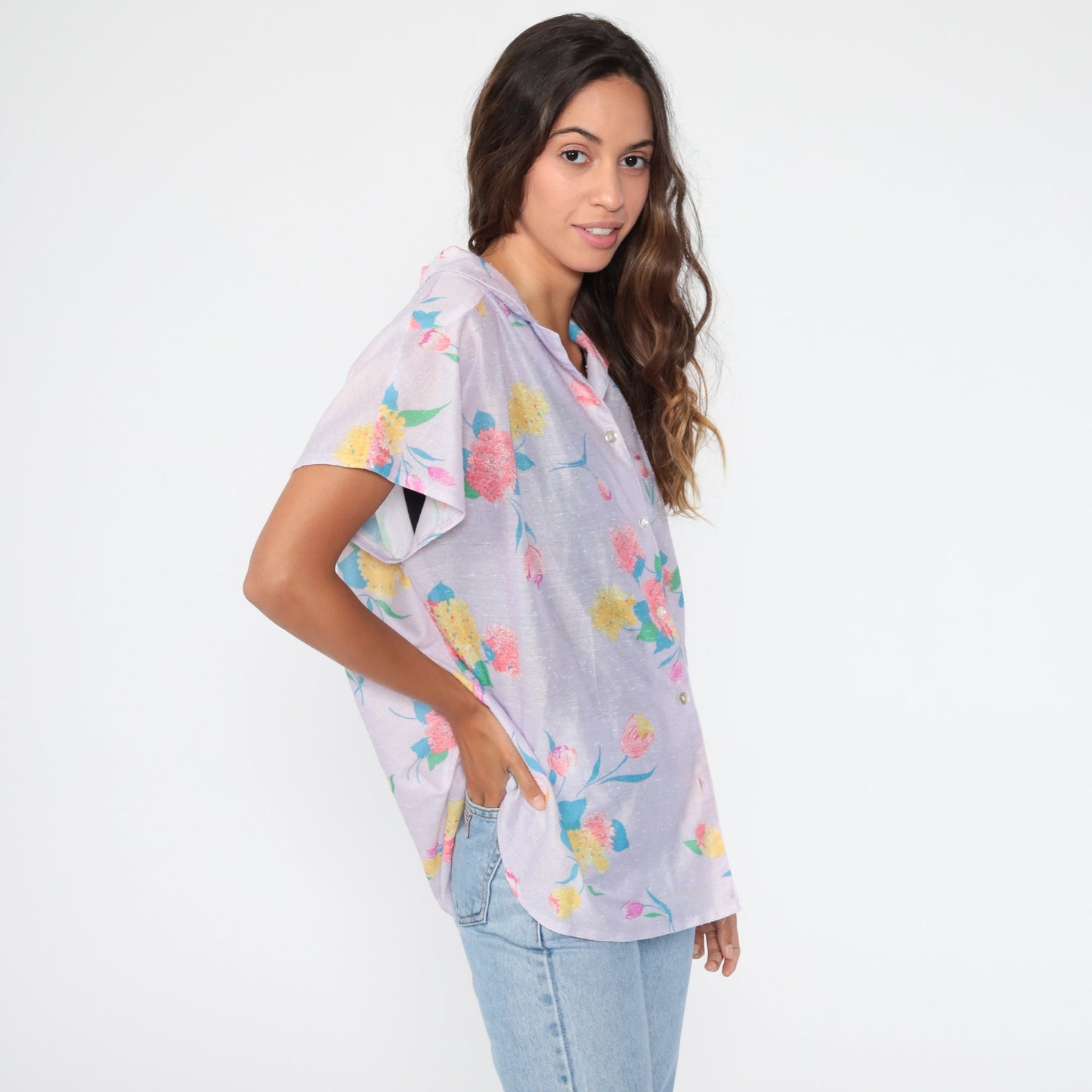 80s Lavender Floral Button-Up Blouse Short Sleeve Semi-Sheer Purple Top Large