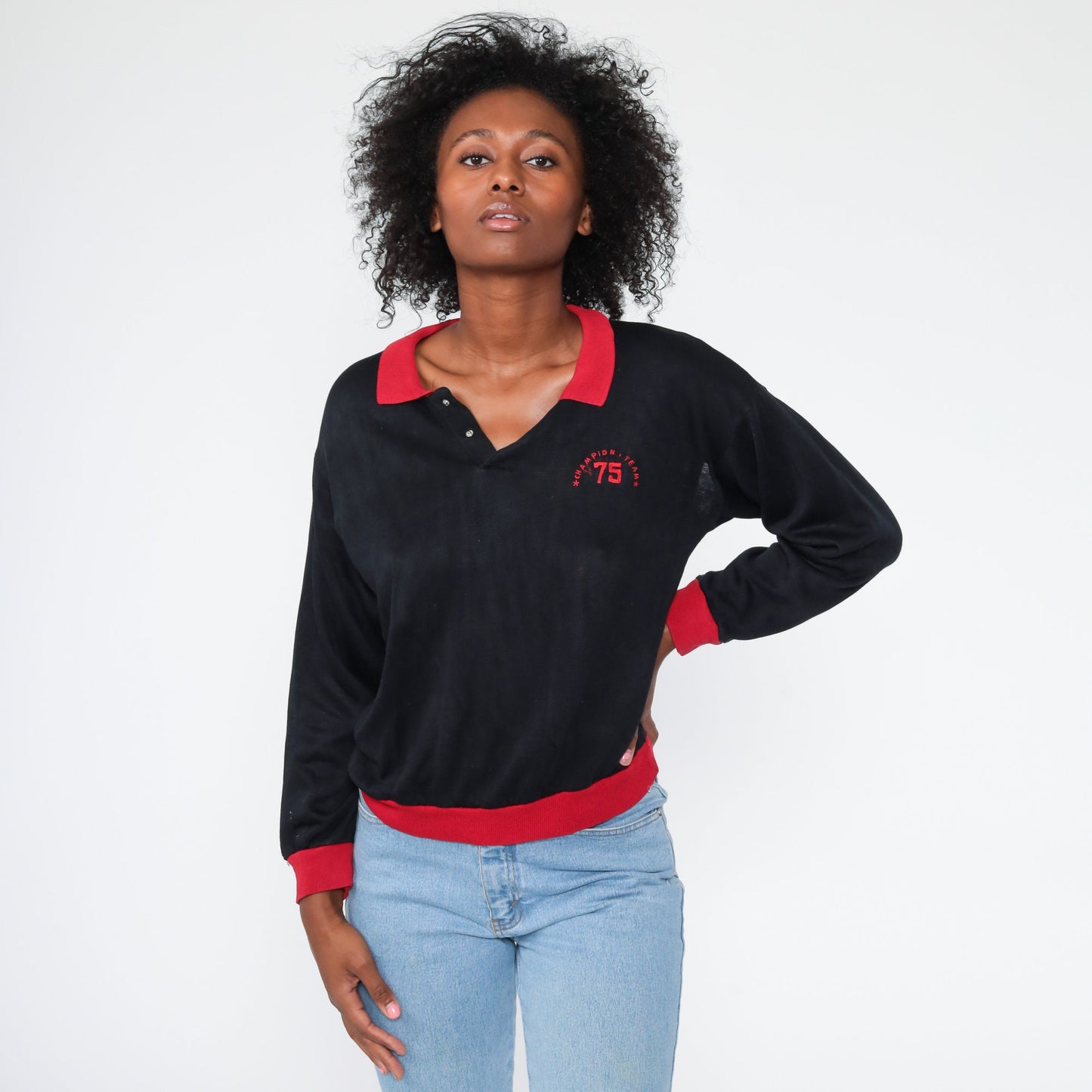 80s Champion Team 75 Black Half-Button Sweatshirt Small Medium