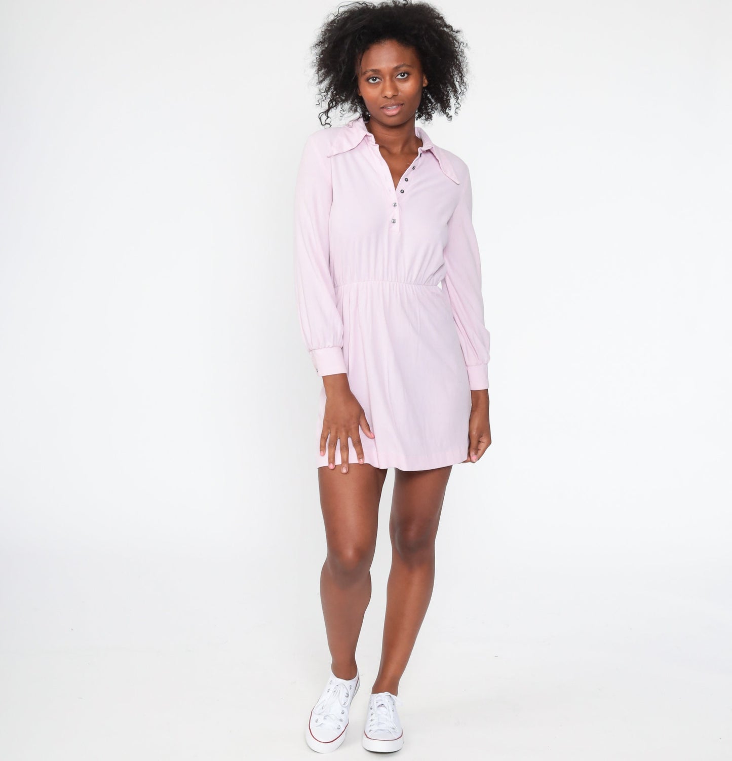 70s Lavender Dagger Collar Mini Dress Button-Up Long Sleeve High Waisted Extra Small