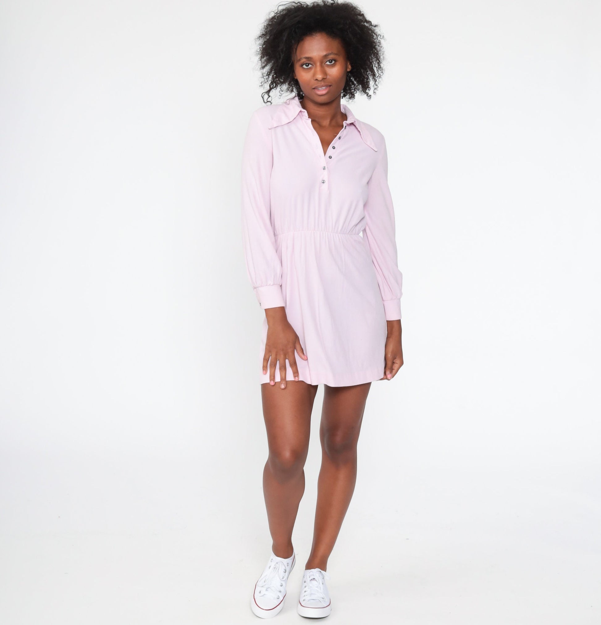 70s Lavender Dagger Collar Mini Dress Button-Up Long Sleeve High Waisted Extra Small