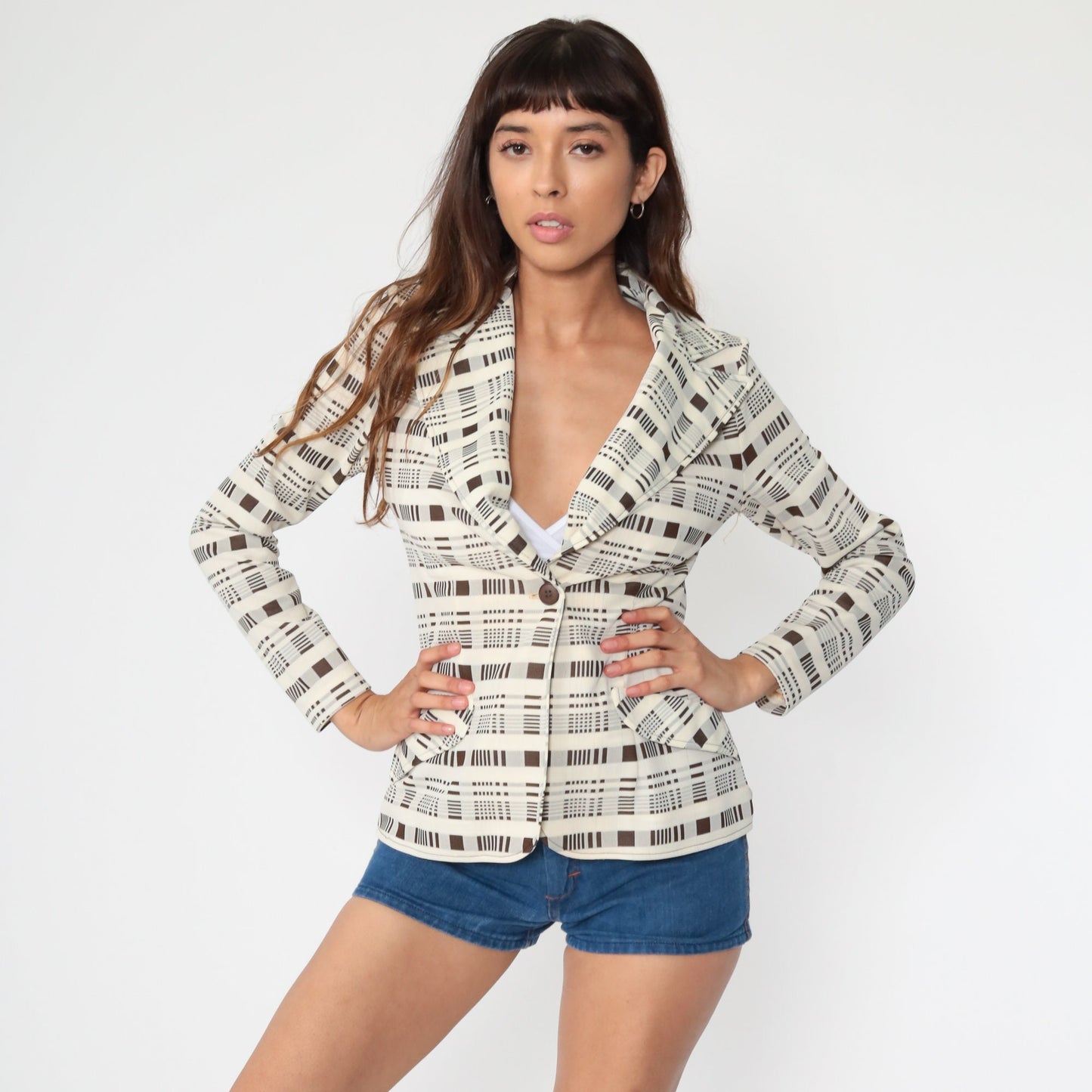 70s Jonathan Logan Cream Brown Plaid Blazer Jacket Extra Small XS
