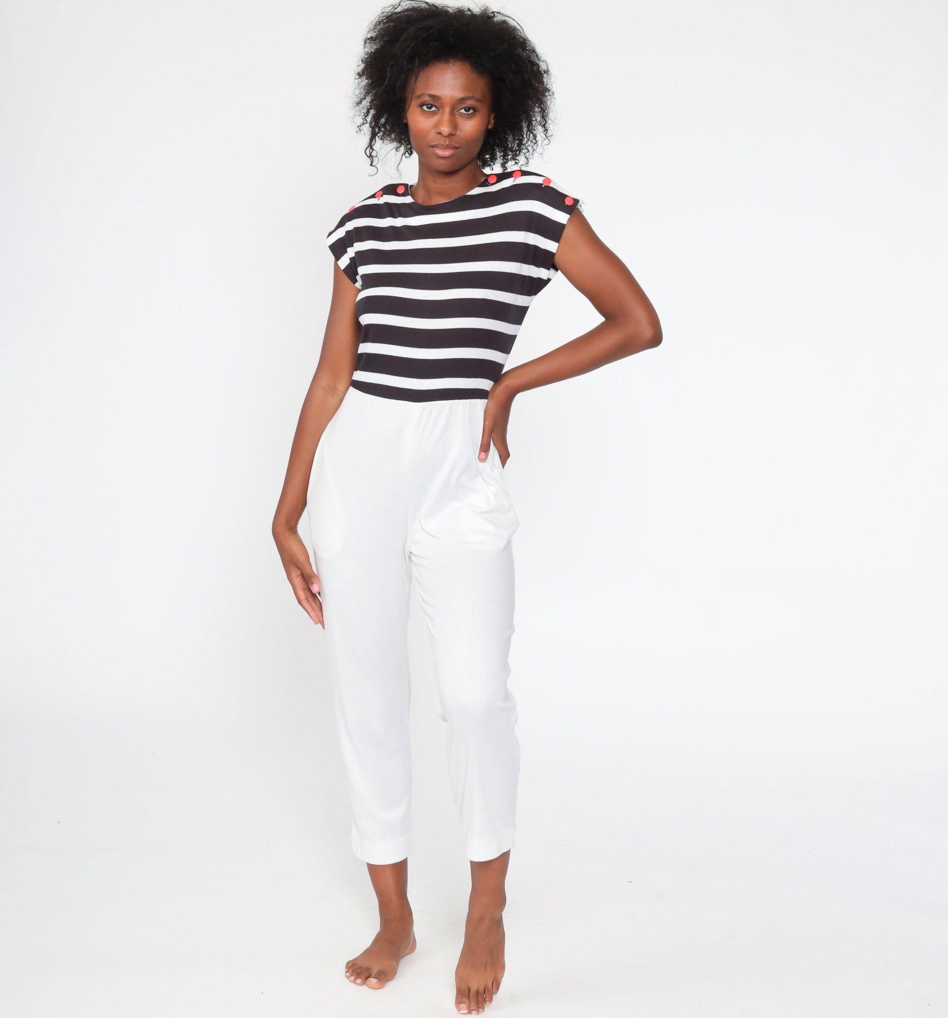 80s White Nautical Striped Jumpsuit Cap Sleeve Tapered Legs Small