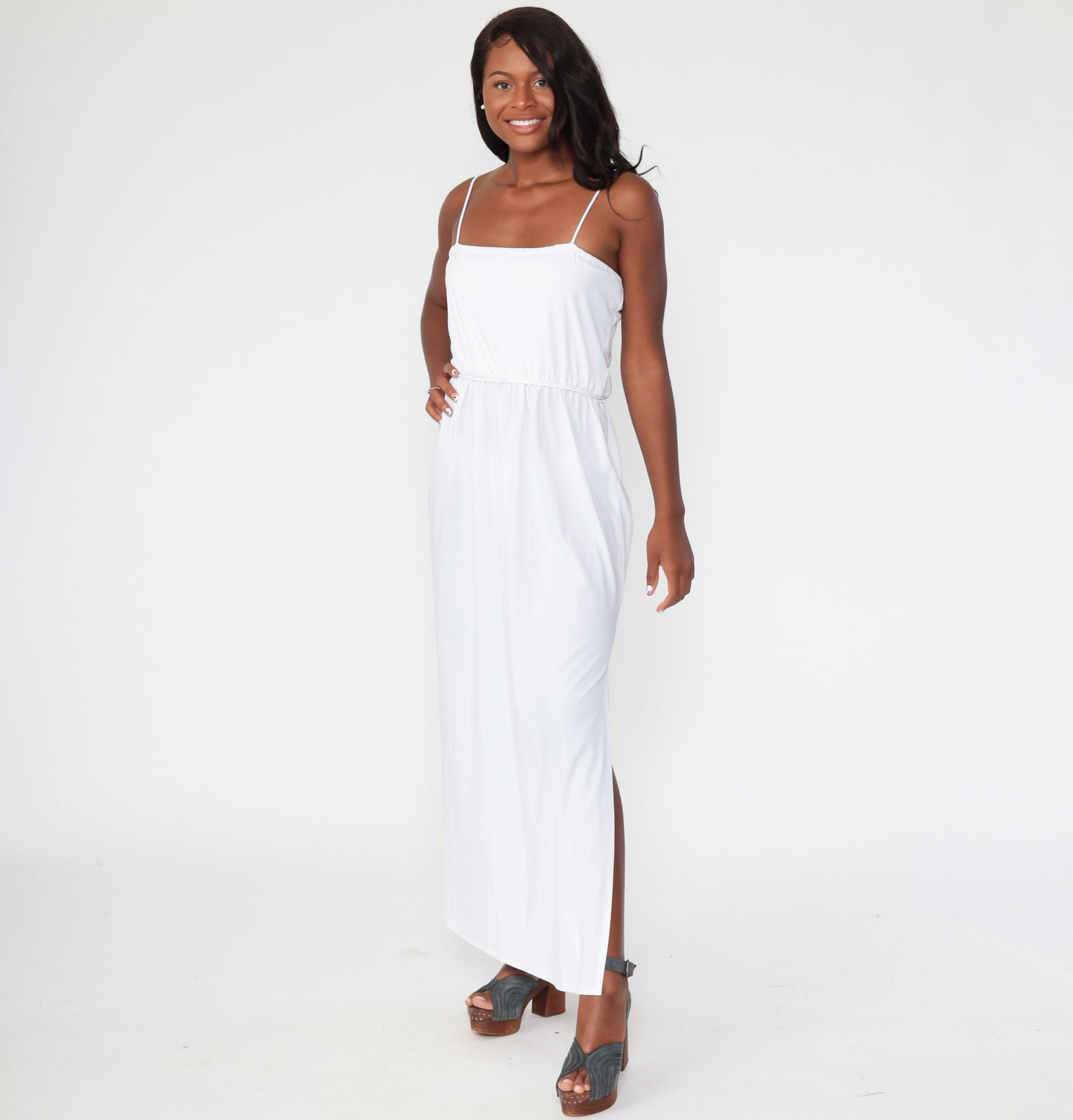70s White Maxi Dress Spaghetti Strap High Waist Side Slit Small