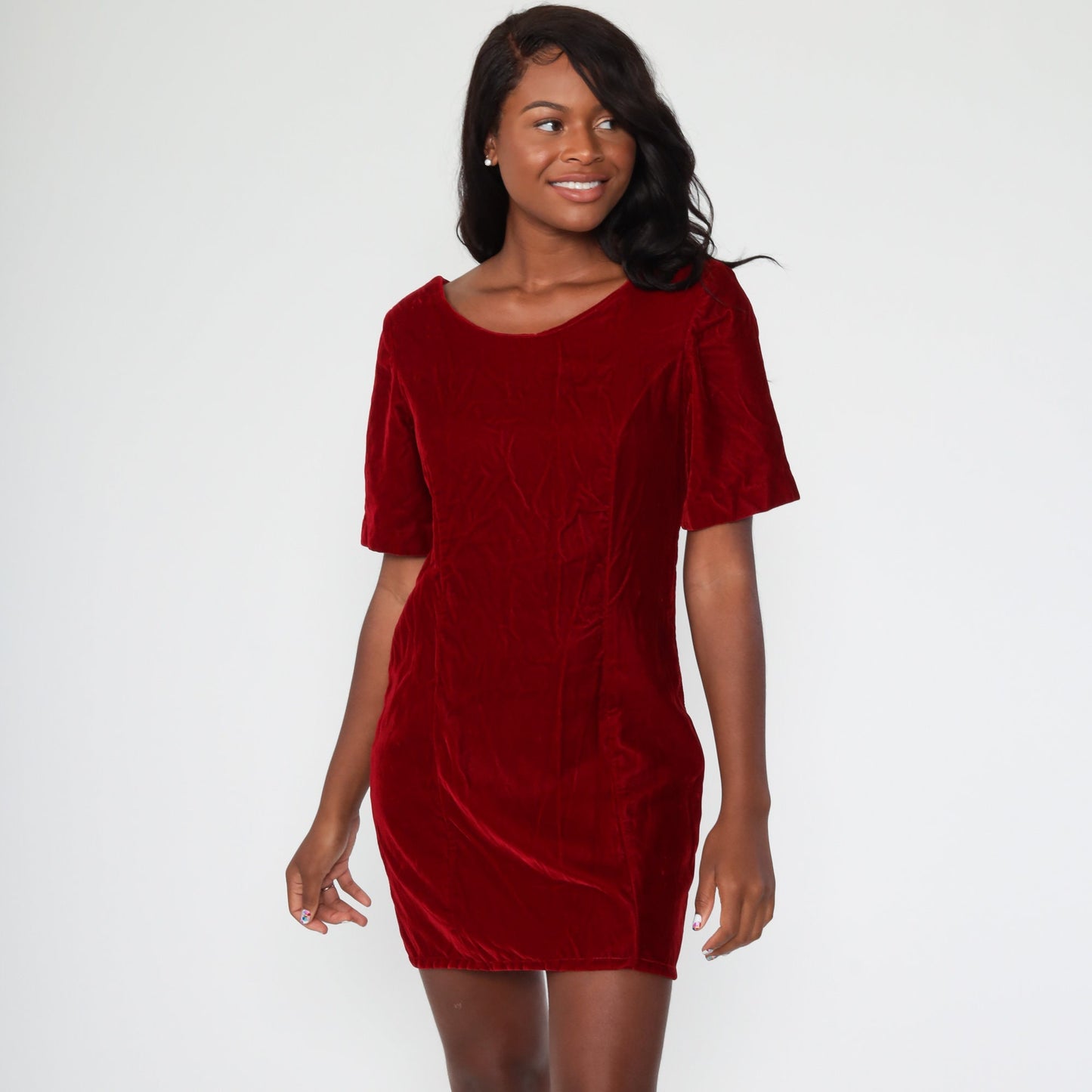 70s Red Velvet Mini Shift Dress Short Sleeve Mod Party Small Medium