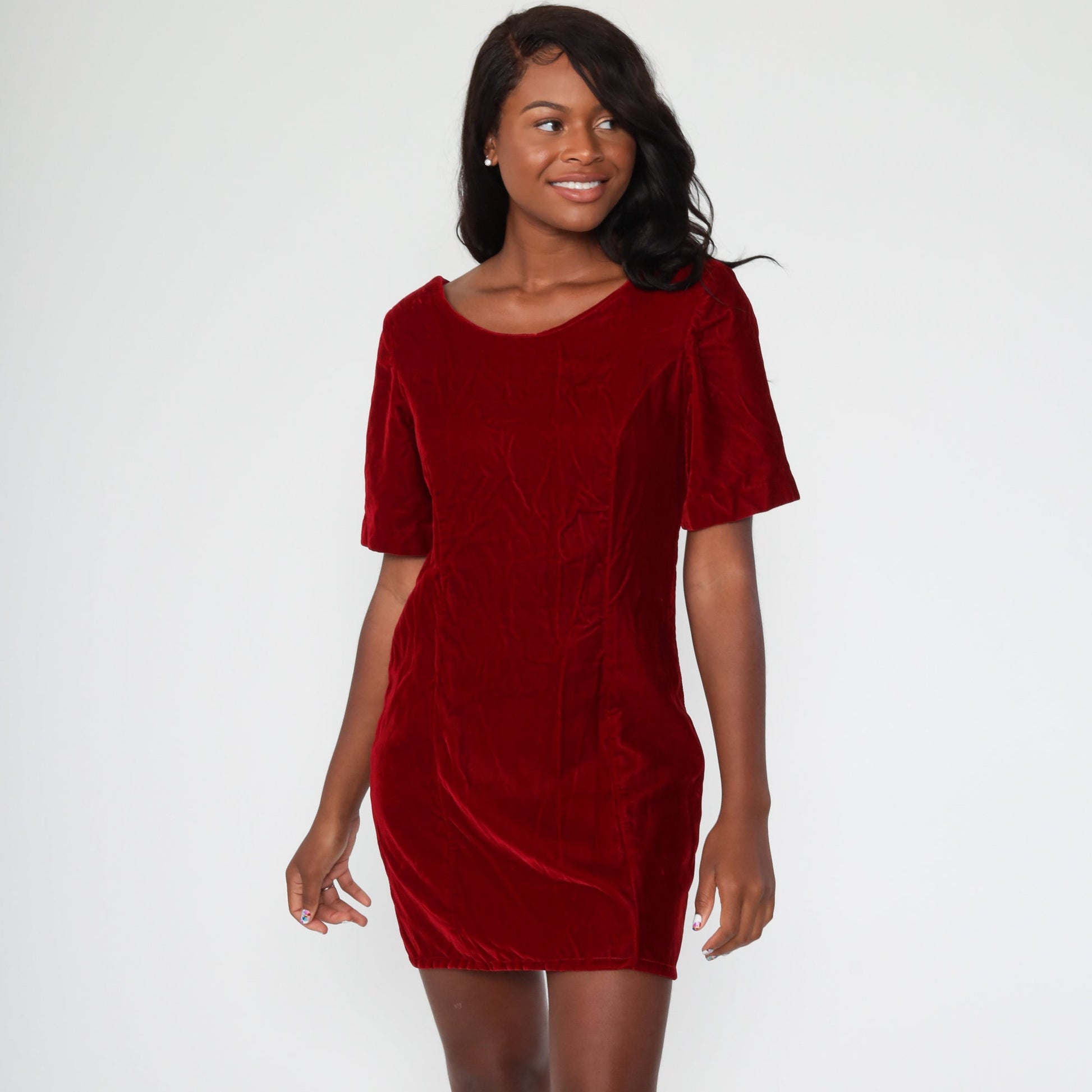 70s Red Velvet Mini Shift Dress Short Sleeve Mod Party Small Medium