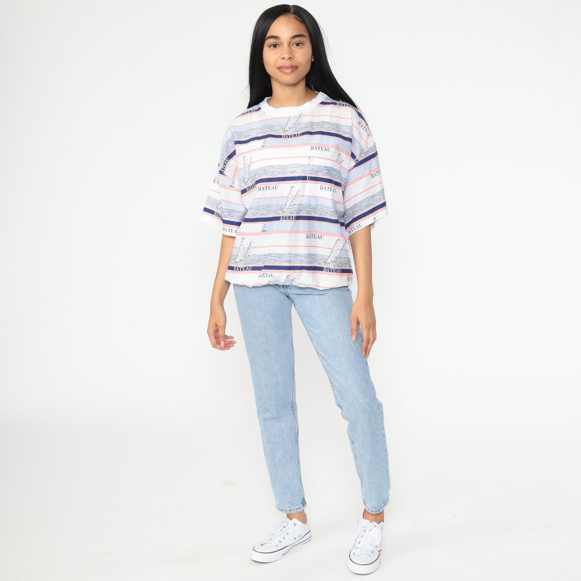 80s Bateau Boat Sailboat Striped Sailor Graphic T-Shirt White Cotton Medium