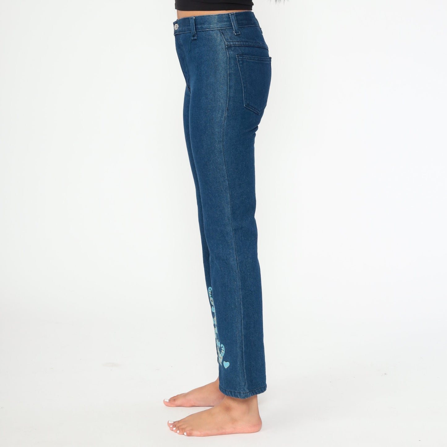 90s Floral Embroidered Bell Bottom Jeans Dark Blue Cotton Y2K Extra Small XS