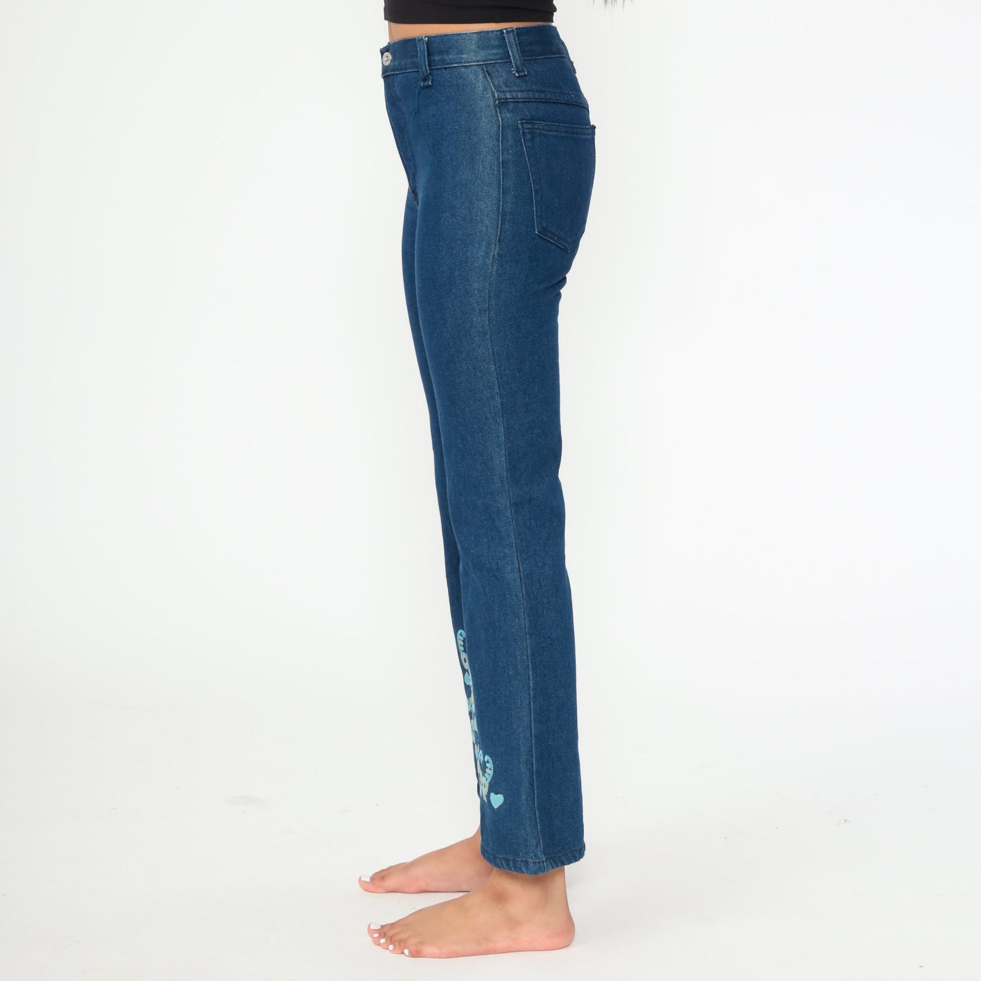 90s Floral Embroidered Bell Bottom Jeans Dark Blue Cotton Y2K Extra Small XS