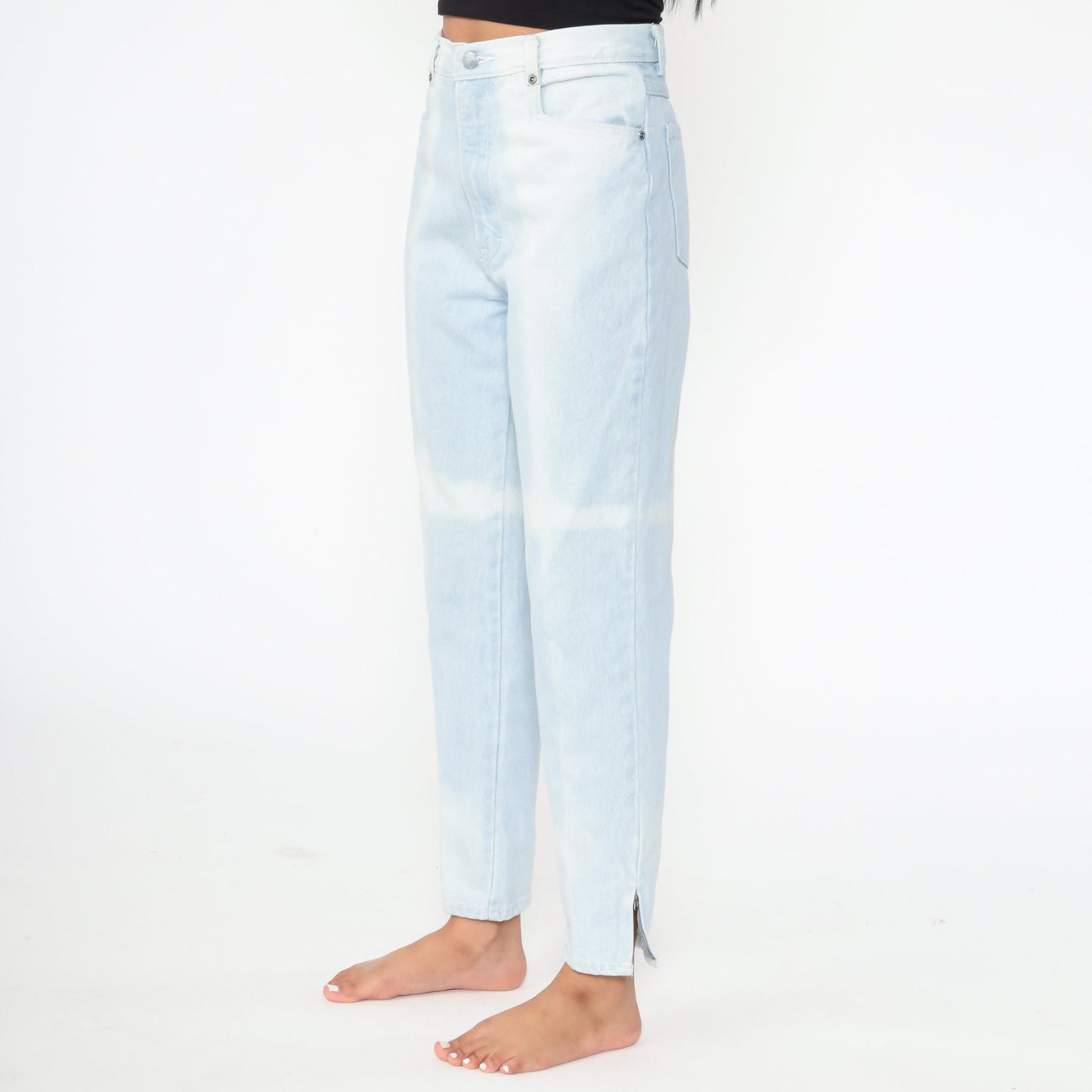 90s Bleach Dyed High Waist Jeans Light Blue Slim Ankle Zipper Small
