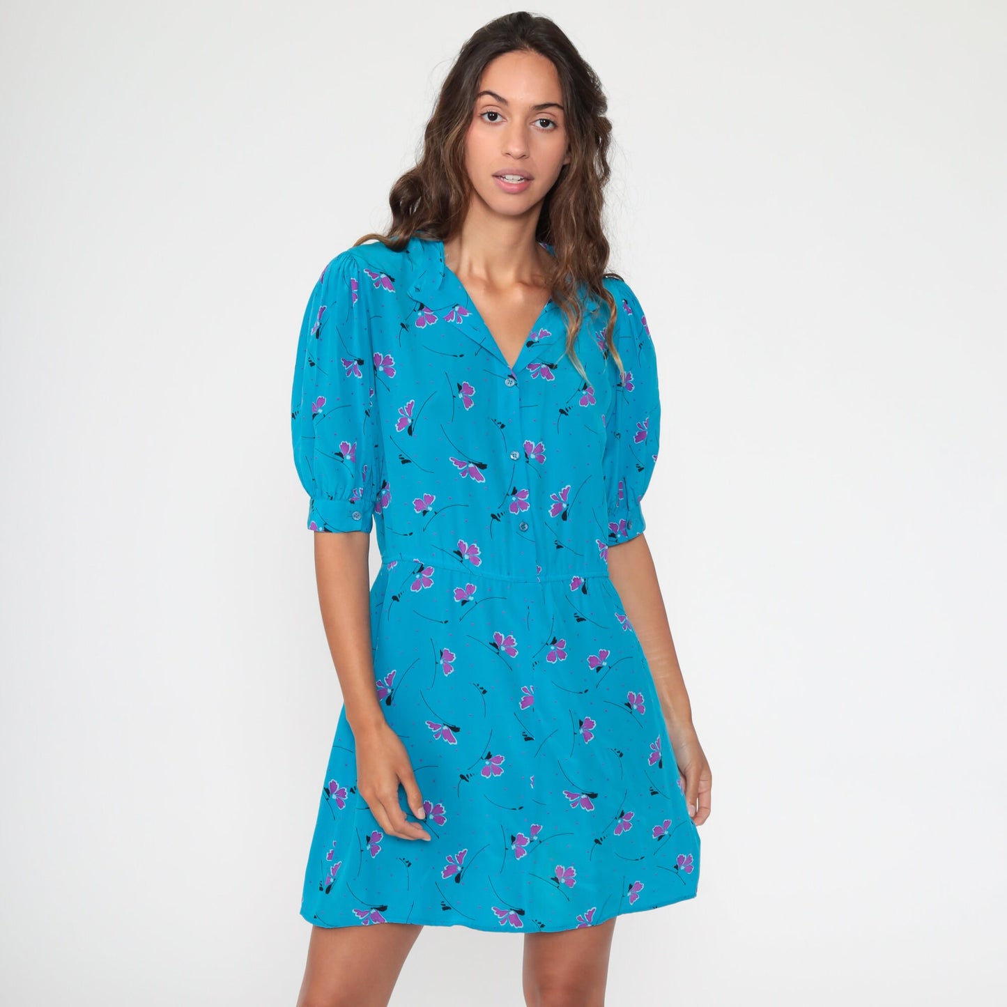 80s Blue Floral Puff Sleeve Mini Dress Button-Up Shirtwaist Small Medium