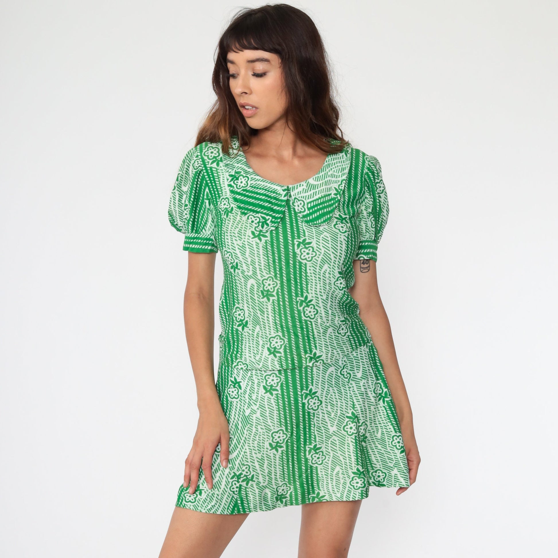 70s Green Floral Two-Piece Mini Dress Set Puff Sleeve Peter Pan Collar Extra Small
