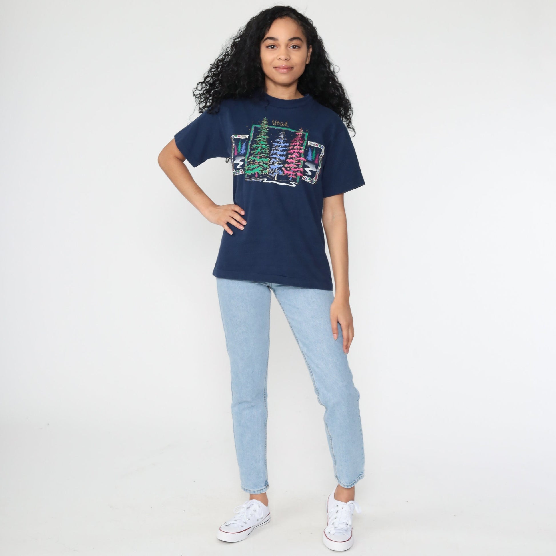 80s Utah Tree Graphic Tee Single Stitch Gold Glitter Navy Small