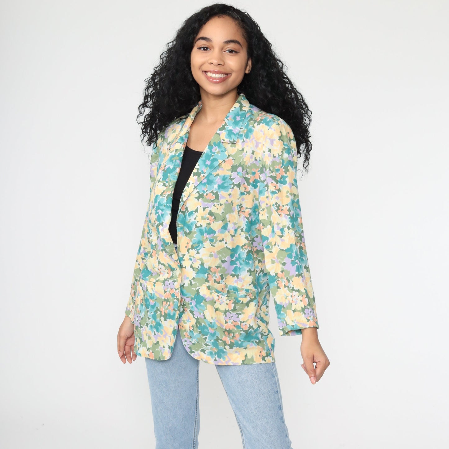 80s Koret Floral Blazer Jacket Pastel Yellow Blue Medium Large