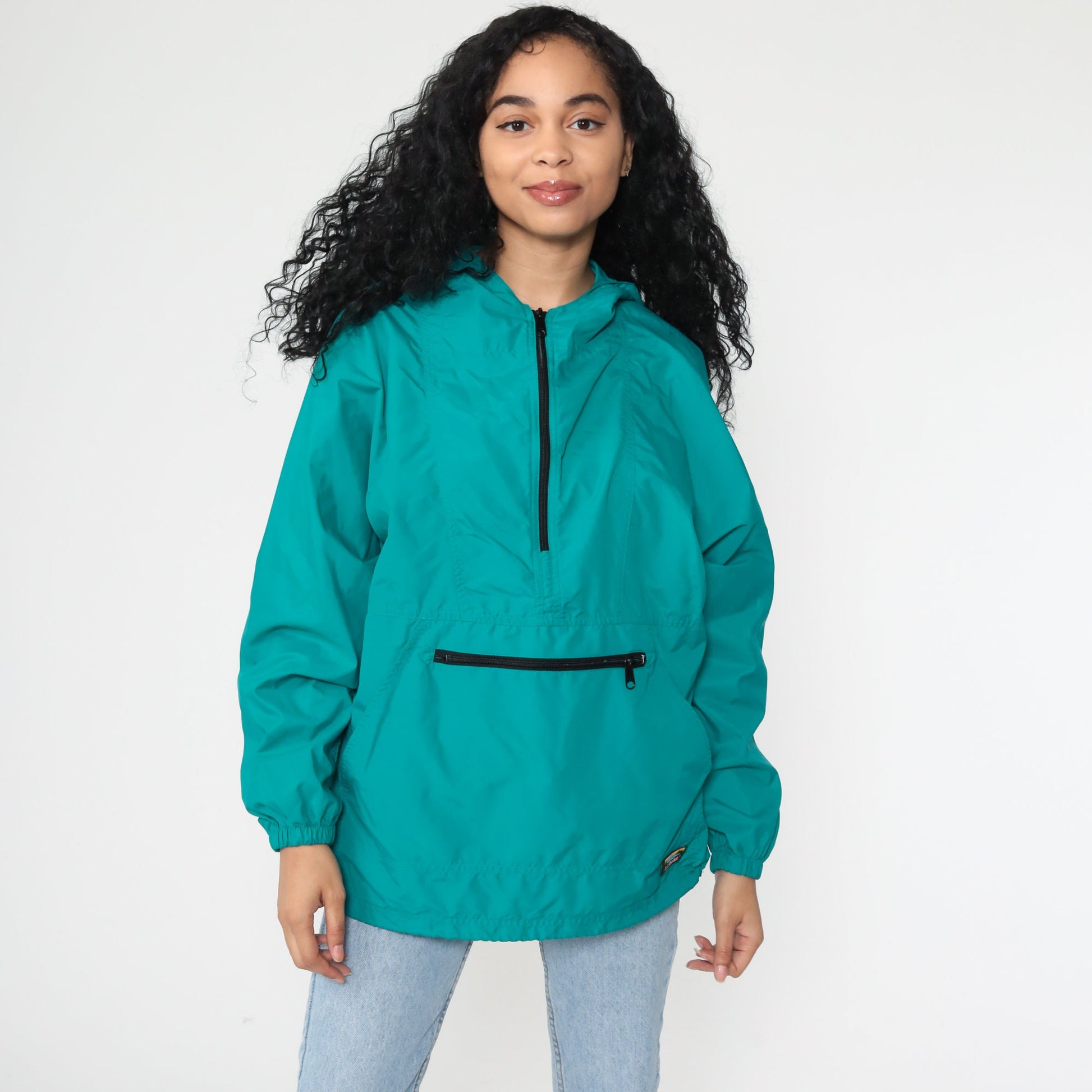 LL Bean Teal Hooded Windbreaker Half-Zip Pullover Jacket 90s Medium