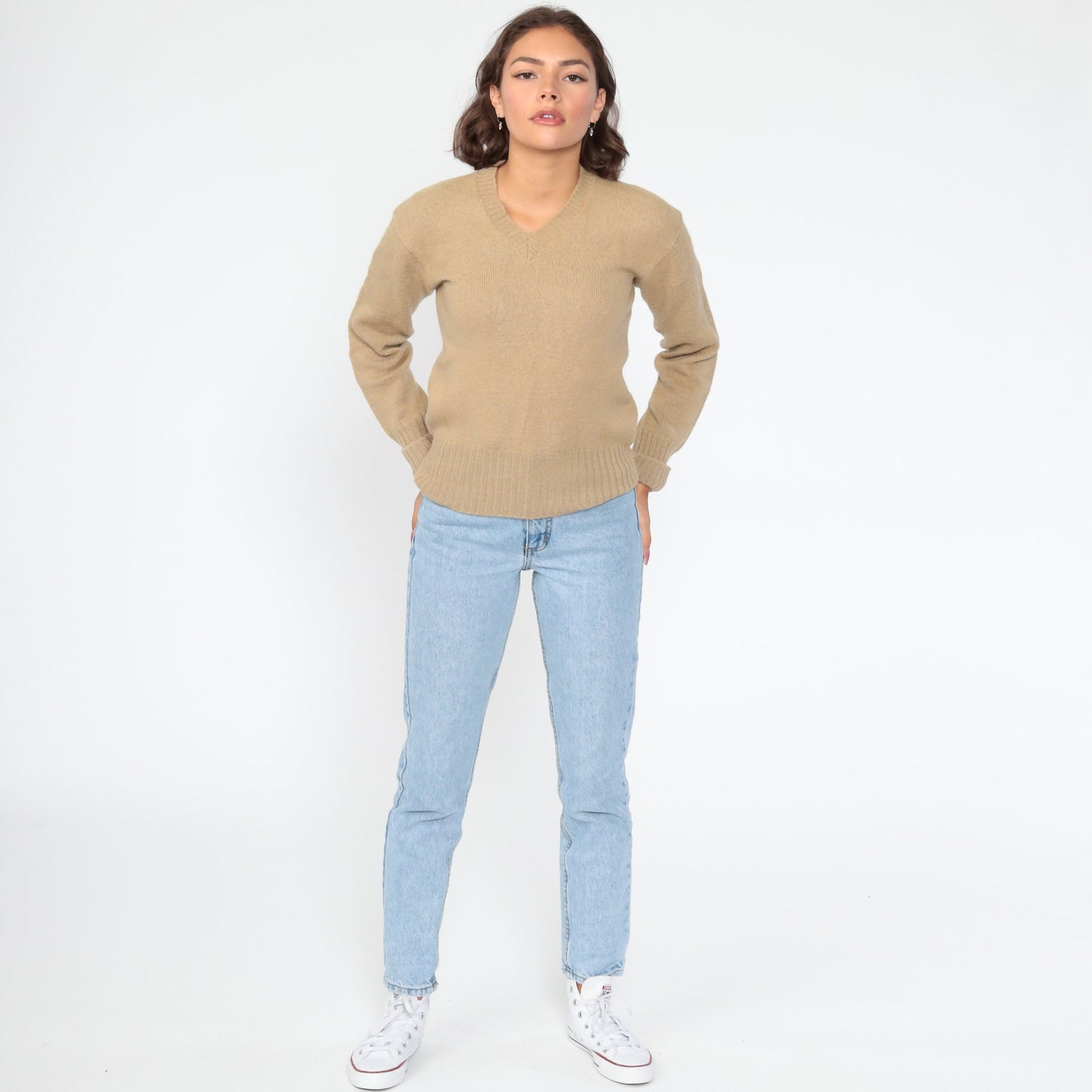 80s Wool V-Neck Sweater Tan Pullover Knit Extra Small XS